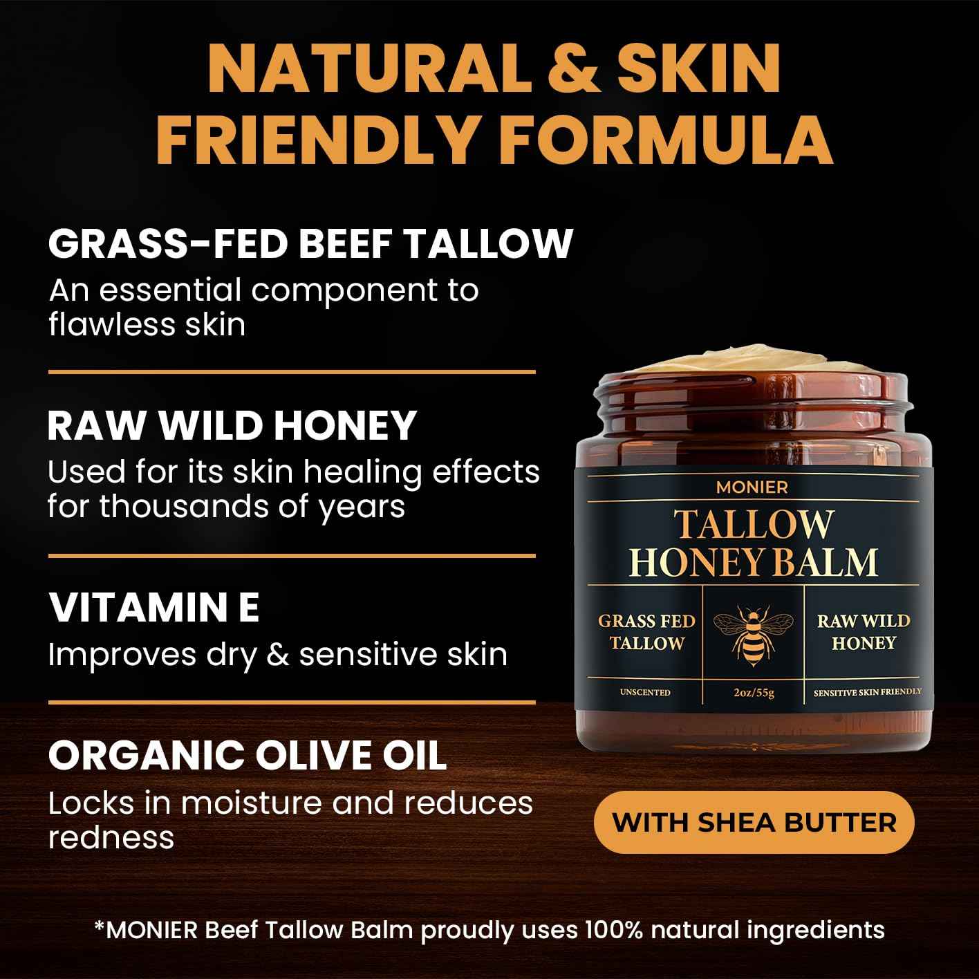 MONIER Tallow and Honey Balm for Face, Beef Tallow for Skin, Moisturizer with 100% Organic Grass-Fed Beef Tallow & Raw Wild Honey - Natural Formula for Dry & Sensitive Skin (Unscented - 2 Pack)