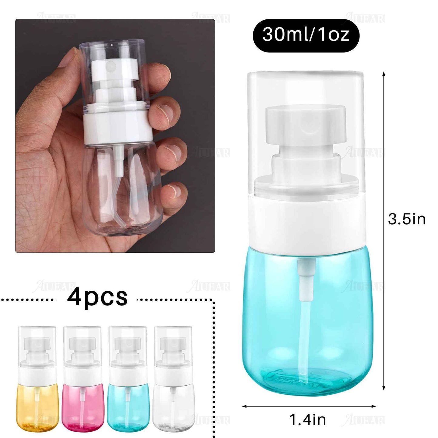 AUEAR, 4 Pcs 30ml Spray Bottles Plastic Empty Travel Refillable Mist for Skincare Makeup Hair Cleaning Lotion Perfume