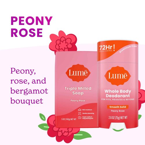 Lume Whole Body Deodorant And Soap - 2.6 Ounce Smooth Solid Stick With 72 Hour Odor Control (Pack of 2) and 5 Ounce Triple Milled Soap (Pack of 2) - Aluminum and Baking Soda Free (Peony Rose)
