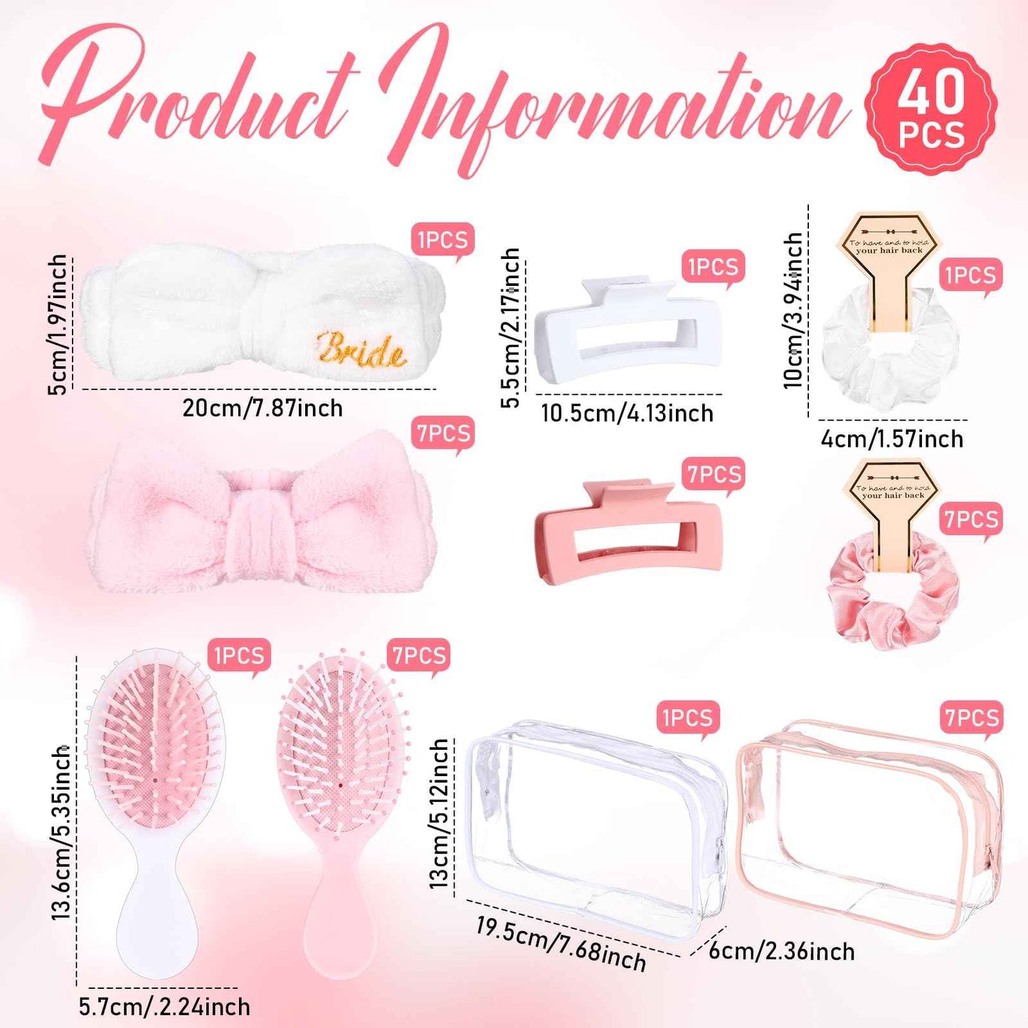 Wavyknot 40 Pcs Bachelorette Favor Set Include Headband Scrunchies Hair Claw Clips Hairbrush and Makeup Bag for Bridal Shower Party Gifts Bridesmaid Wedding Supplies (White and Pink)