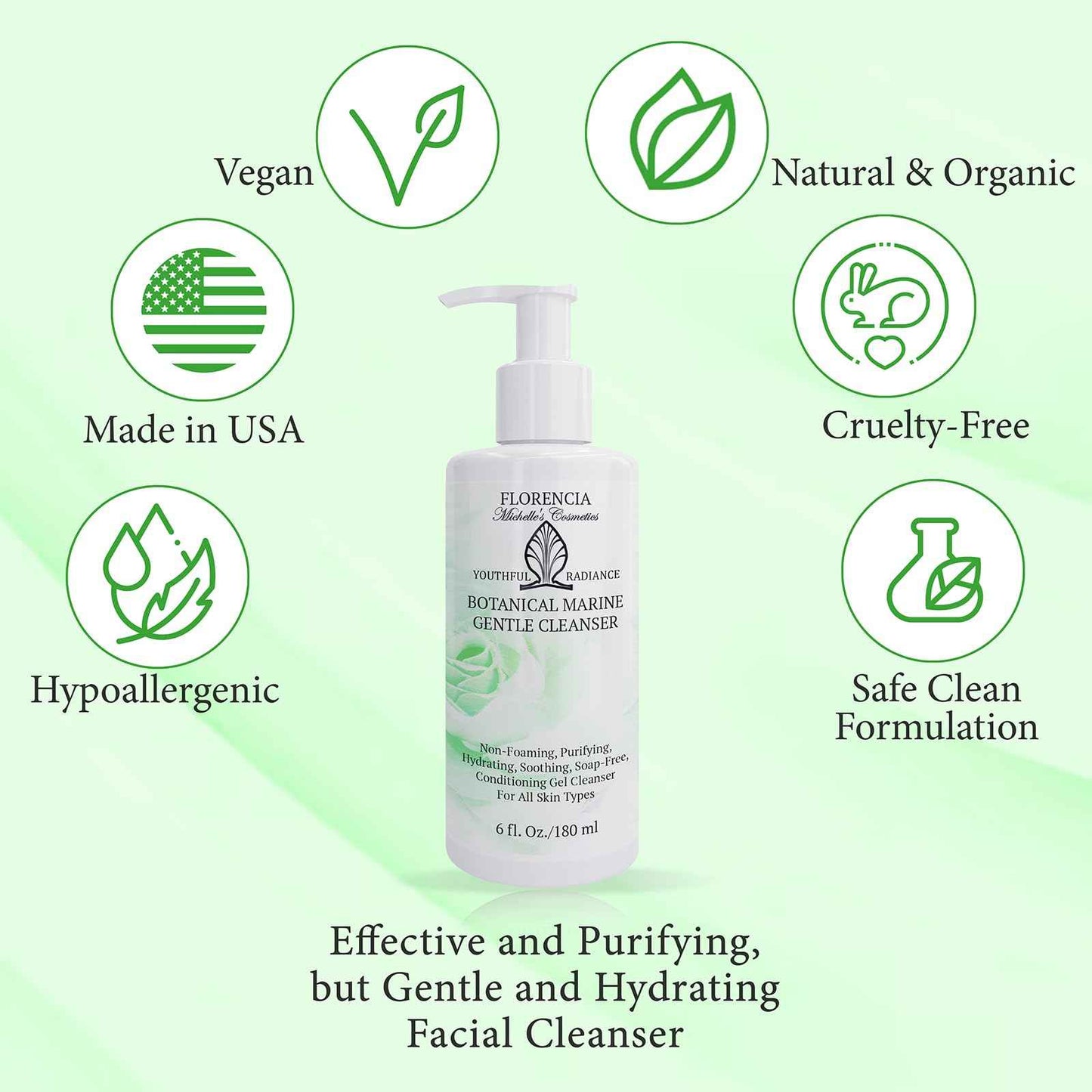 Florencia Botanical Marine Gentle Cleanser - Non-Foaming, Hydrating, Oil-Free Face Wash for Dry to Normal Skin - With Marine Algae & Organic Botanicals - Sensitive Skin, 6 oz