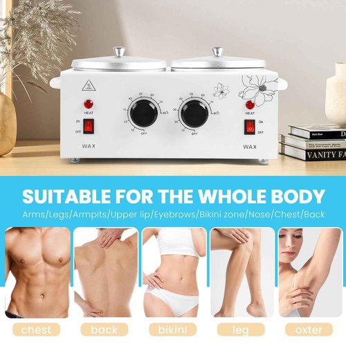 1.2L Double Pot Wax Warmer, Electric Depilatory Heater Machine with Adjustable Temperature for Hair Removal & Facial Spa, Includes 40 Wax Sticks & 20 Collars
