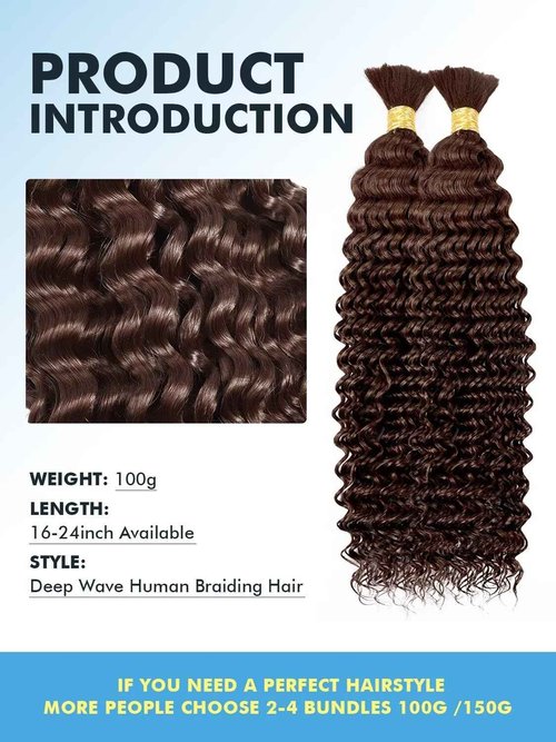 Human Braiding Hair for Boho Braids 100g 16 Inch Chocolate Brown Curly Boho Hair for Braiding Knotless 12A Deep Wave Bulk Bohemian 2 Bundles/Pack Color 4
