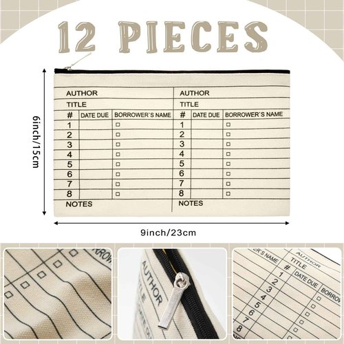 Yinder 12 Pcs Librarian Gifts for Book Lovers Thank You Library Card Pouch Bulk Teacher Librarian Appreciation Gifts for School Library Zipper Pouch Date Stamp(Classic Style)