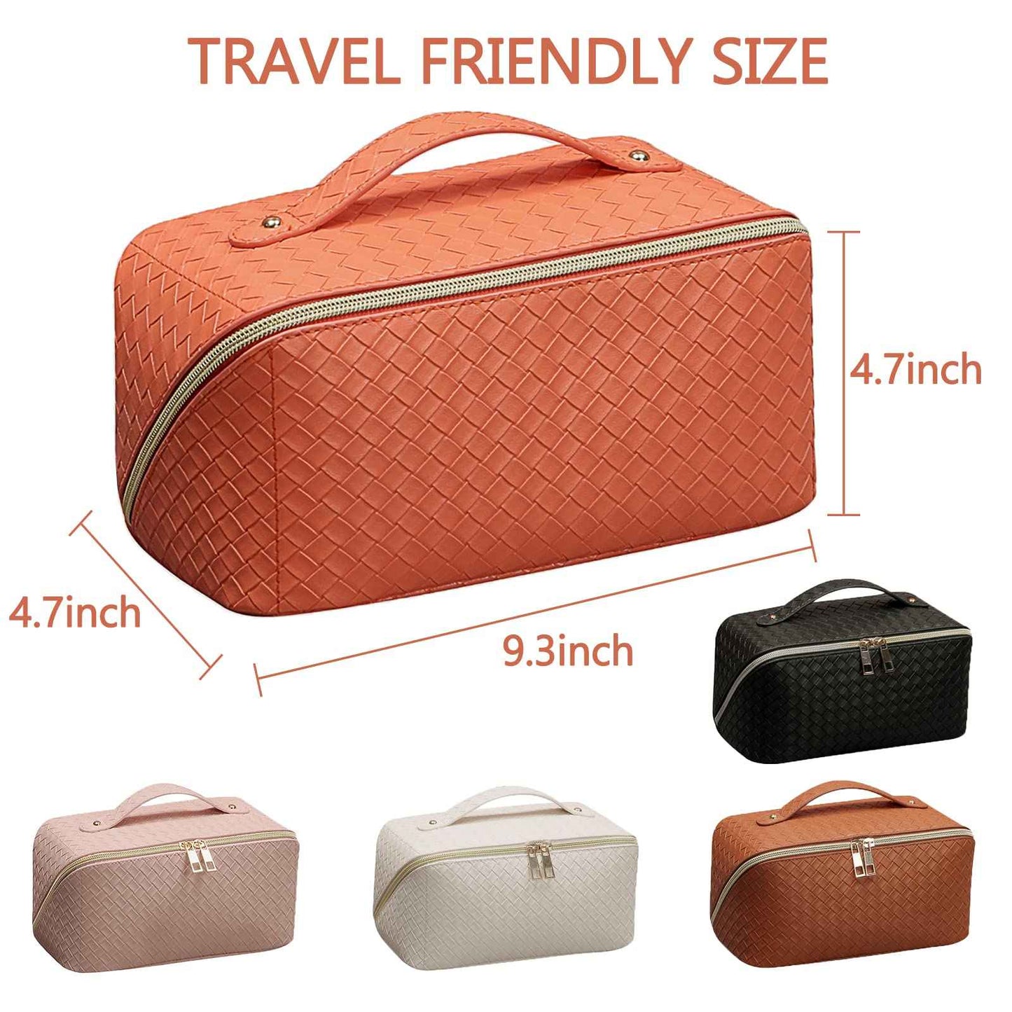 BAKLUCK Large Capacity Travel Cosmetic Bag with Compartment - Waterproof PU Leather Portable Checkered Makeup Organizer Bag for Women and Girls - Orange