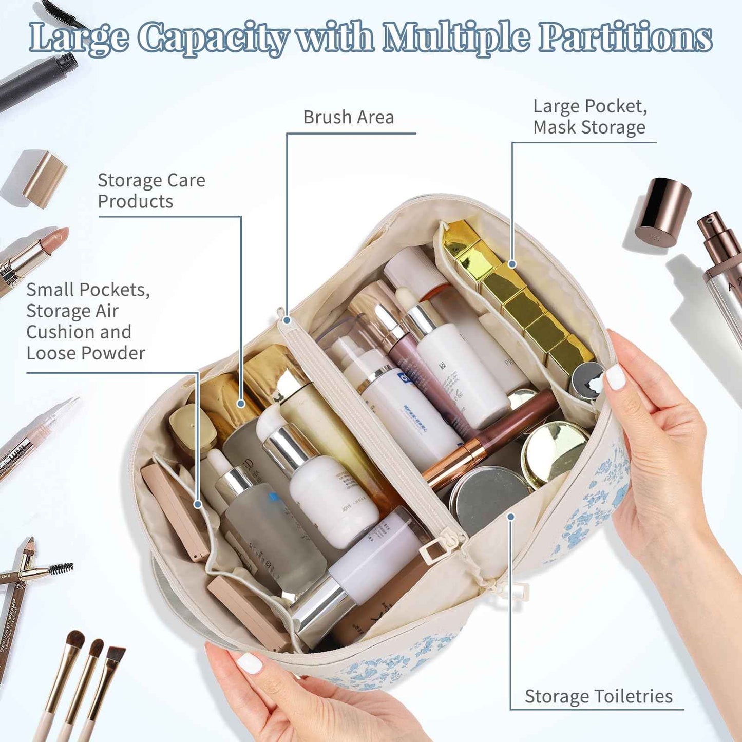 Travel Makeup Bag Organizer Cosmetic Bag, 2Pcs Floral Make up Bag Portable Pouch Open Flat Pouch Clear Divider and Handle