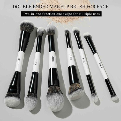 BEILI Makeup Brushes 12 Pieces 18 In 12 Double-Sided Contour Foundation Highlight Blush Brush Eyeshadow Eyeliner Concealer Brush Black and White Suitable for Travel, Gifts, Makeup Lovers