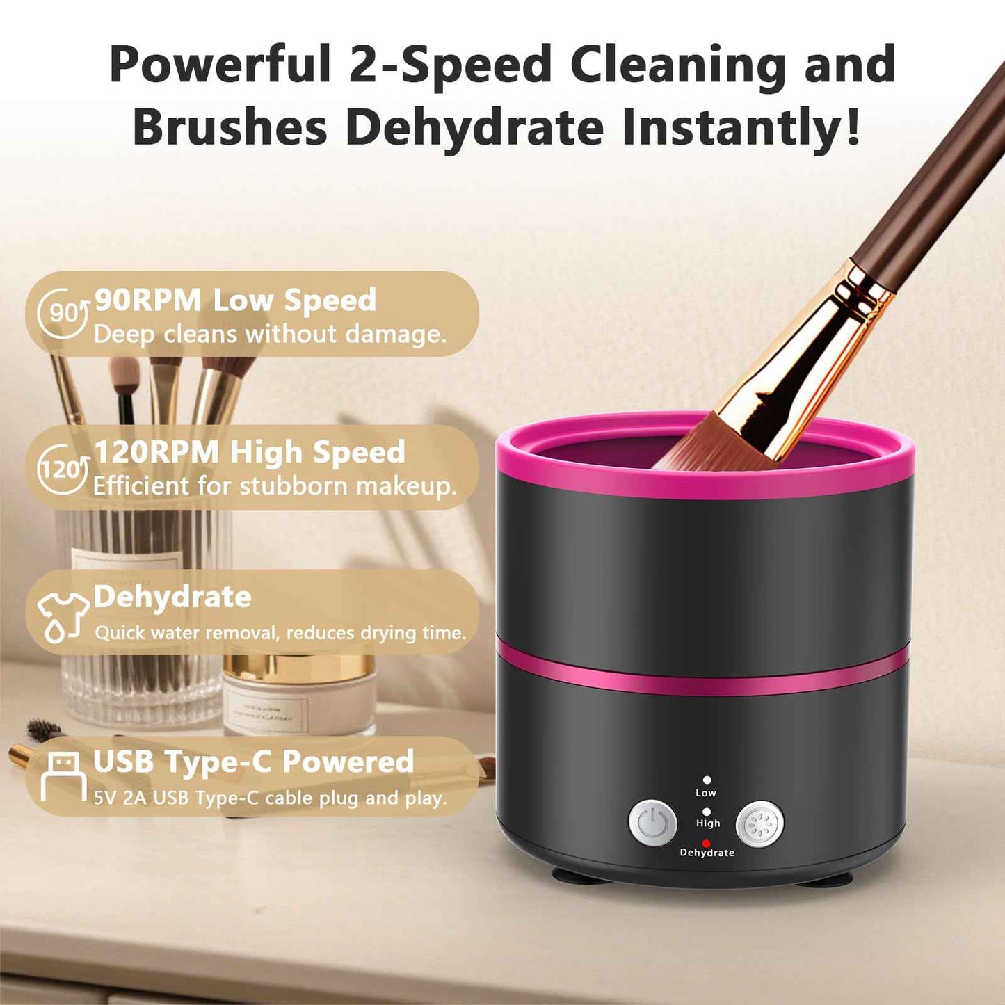 Cucufor Electric Makeup Brush Cleaner Machine, 2 Speeds and Dehydration Powerful Friction Removes Residue on Makeup Brushes Set/Sponge/Powder Puffs, Efficient Cleaning, Spinning Washer Black Pink