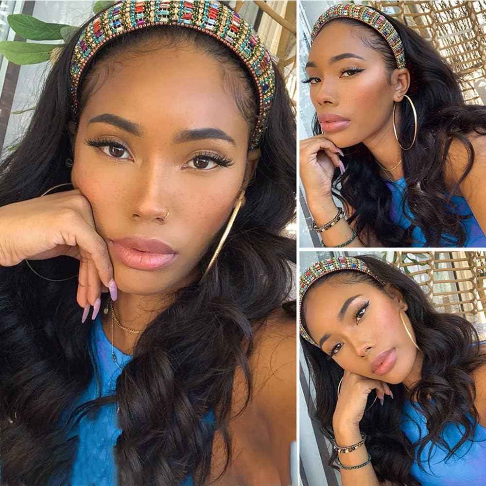 higher Headband Wig Human Hair Body Wave 16 Inch Glueless None Lace Front Wig Brazilian Virgin Hair Wear and Go Wigs for Black Women 150% Density Wigs Natural Black Color