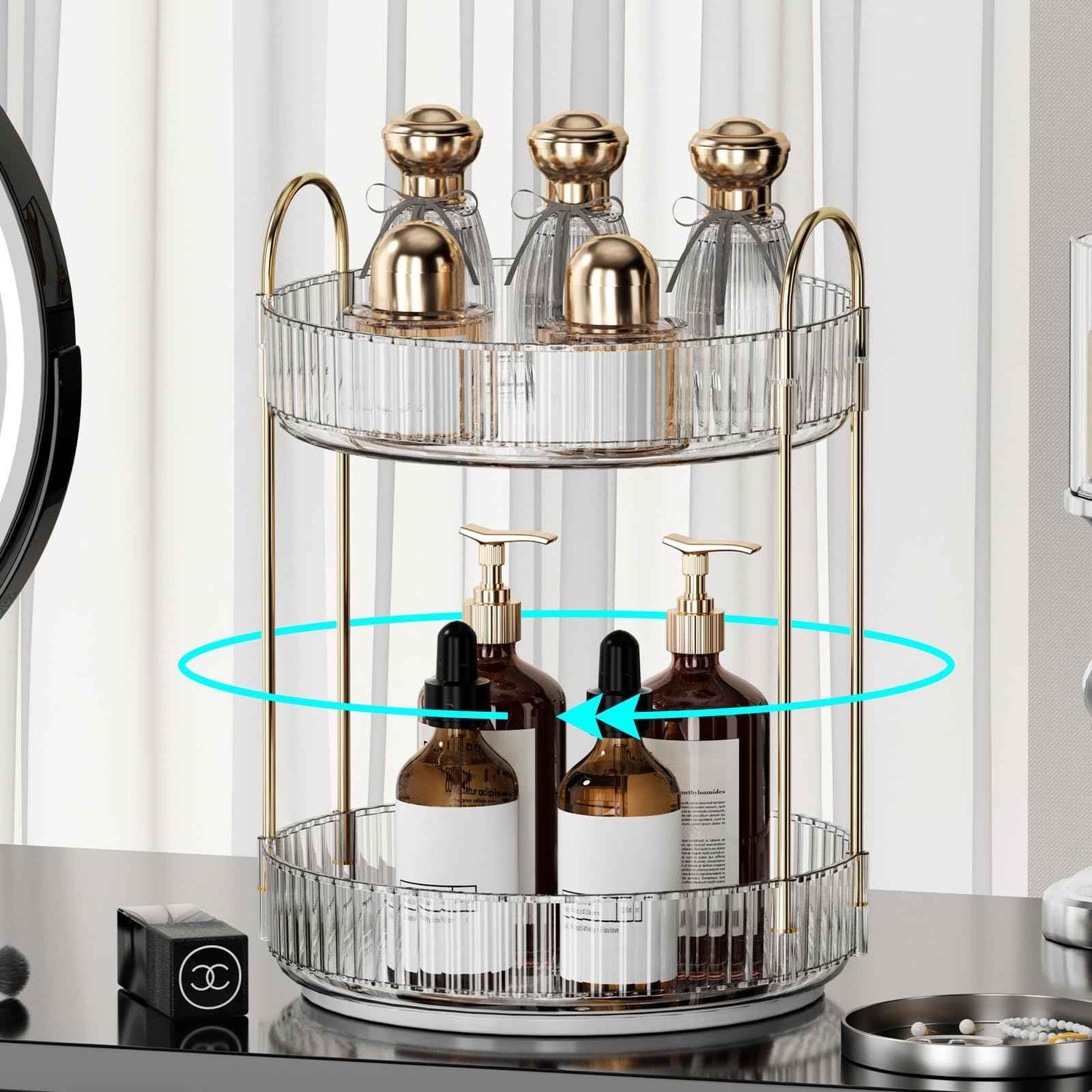 360° Rotating Makeup Organizer for Vanity - 2 Tier Perfume Organizer with Large Capacity - Skincare Organizer for Bathroom Counter - Space-Saving Cosmetic Storage for Dresser Countertop (Clear)
