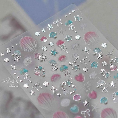 2Pcs Summer Nail Stickers for Nails Art,Extra Shiny 5D Shell Starfish Nail Art Stickers Decals Gold Silver Star Jellyfish Self-Adhesive Design Summer Beach Nail Supplies for Women Manicure Accessories