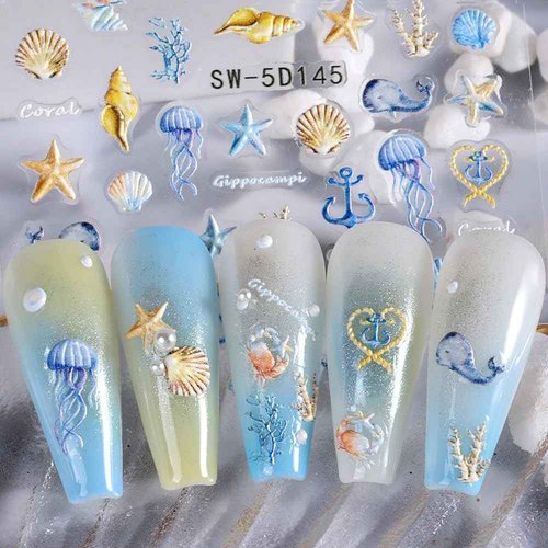 5D Embossed Ocean Nail Stickers - Summer Decals With Shell, Starfish, Jellyfish, Sea Animals - Beach Art Supplies for Nails