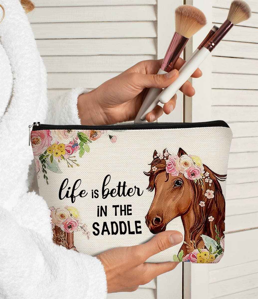 Western Horse Boots Flower Life is Better in the Saddle Funny Farmhouse Cosmetic Bag Makeup Bag Best Gift Idea for Horse Lovers Girls Women,Horse Owners Gifts,Birthday Christmas 's Day Gift