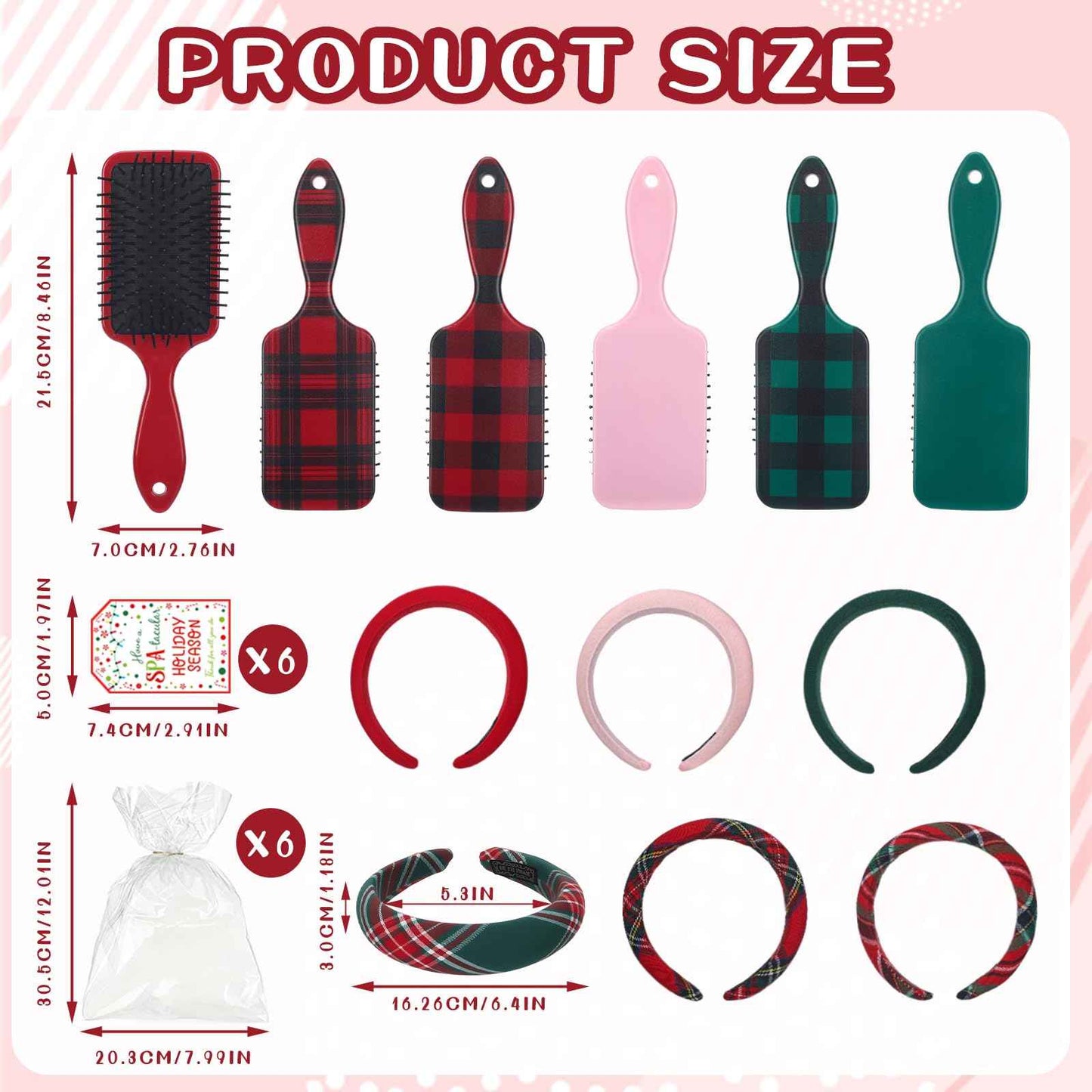 Vesici 6 Set Christmas Tartan Gift Bulk for Women Plaid Headbands Bulk Stocking Stuffers Head Spa Set Tartan Hair Brush with Plastic Bags & Labels Items Accessory for Spa Xmas Party Salon Makeup