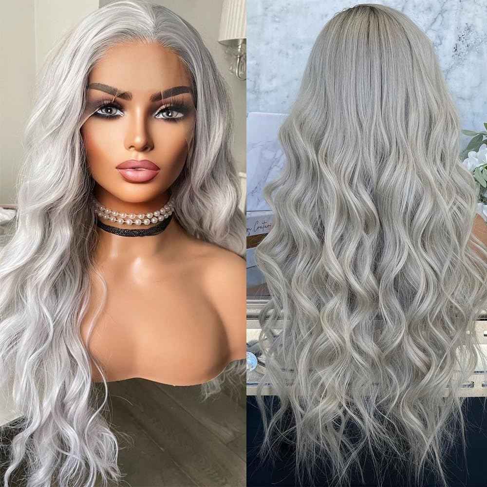 JHXAYW Grey Lace Front Wig Synthetic Pre Plucked Glueless Lace Wigs Synthetic Ready To Wear Wig Long Natural Curly Wig for Black Women