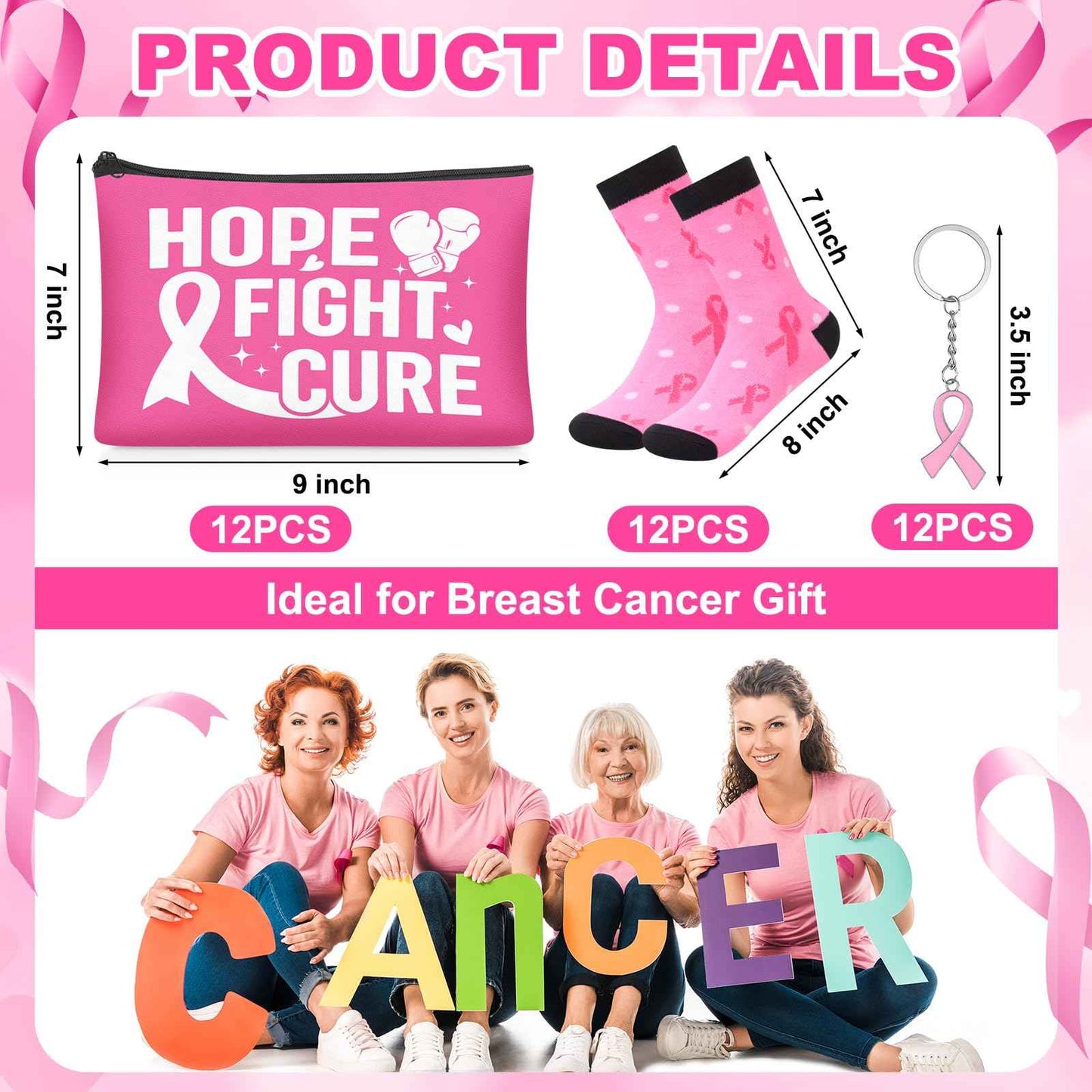 Chicingyou 36 Pcs Breast Cancer Care Gifts Set Bulk Pink Ribbon Keychain Women Socks Makeup Bag Chemo Gifts Breast Cancer Awareness Accessories for Friends Family