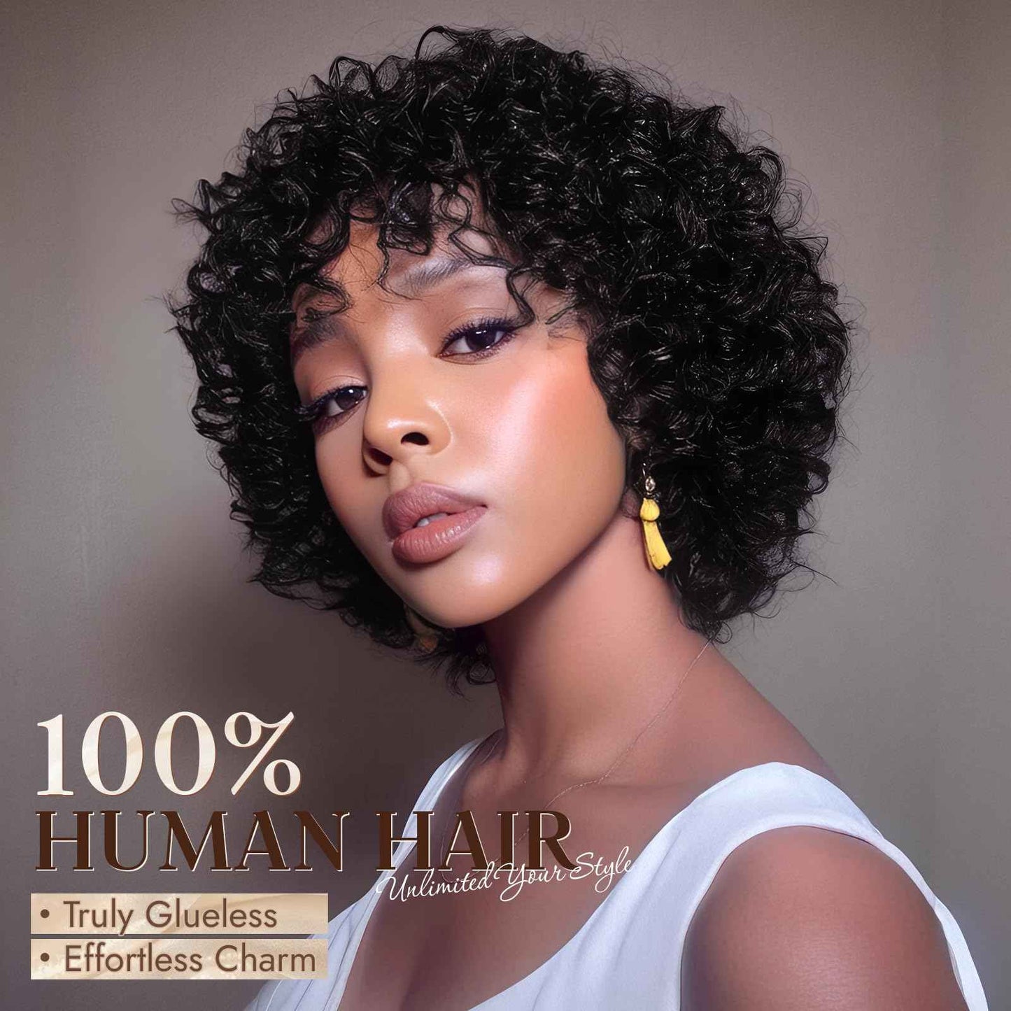RUWISS Short Curly Human Hair Wig 10 Inch Brazilian Kinky Curly Wigs with Bangs for Black Women - Wear and Go Glueless Short Wig, ZF-003 Black Brown