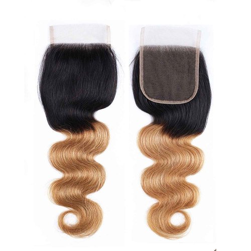 KAFEIER 1B27 Lace Front Body Wave Closure - 4X4 Preplucked Brazilian Human Hair Extensions With Bleached Knots - Ombre Wet and Wavy for Women - 18 Inch
