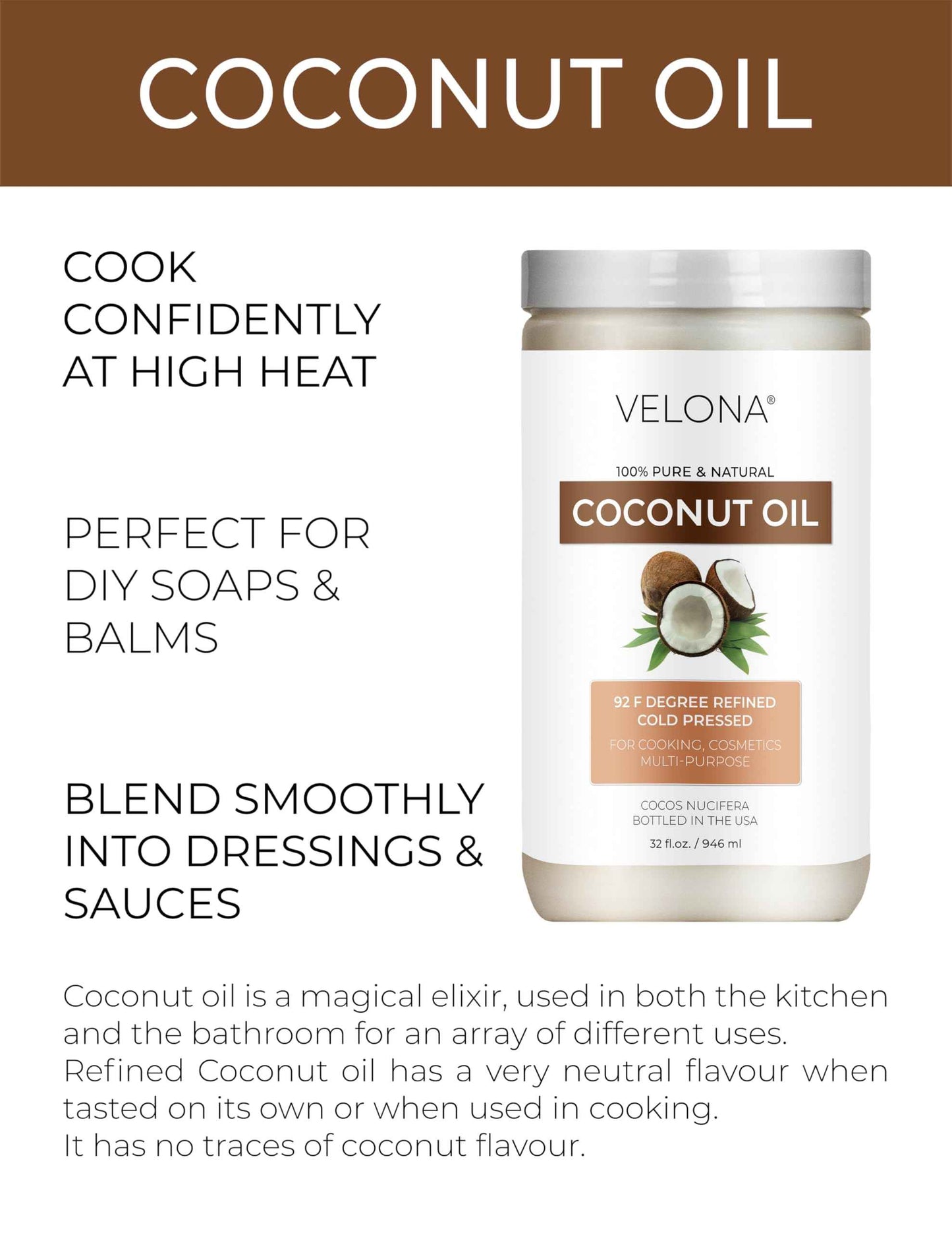 velona Coconut Oil 92 Degree 64 fl oz | 100% Pure and Natural Carrier Oil | in jar | Refined, Cold pressed | Skin, Face, Body, Hair Care | Use Today - Enjoy Results