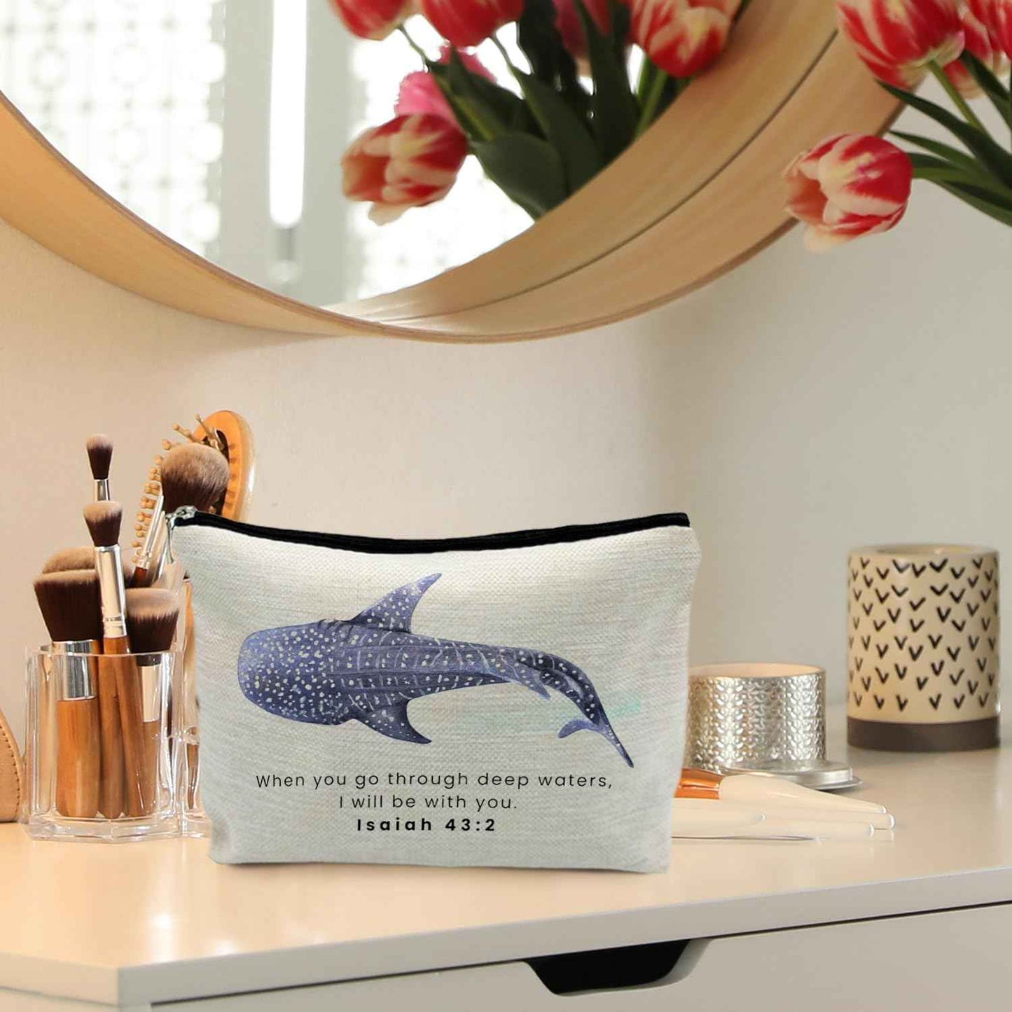 RYYCDOI Whale Shark Christian Makeup Bag Pouch, Christian Shark Gifts for Women, Bible Verse Gifts Isaiah 43:2, When you go through deep waters I will be with you