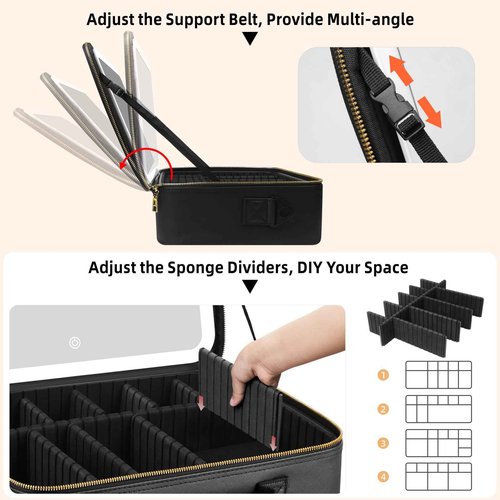 saiggnyy 15“×11“Professional Makeup Train Case,Large Waterproof Travel Makeup bag with Mirror and Light, Leather Black Make up Bag with Mirror and Light,Led Makeup Case with Adjustable Dividers