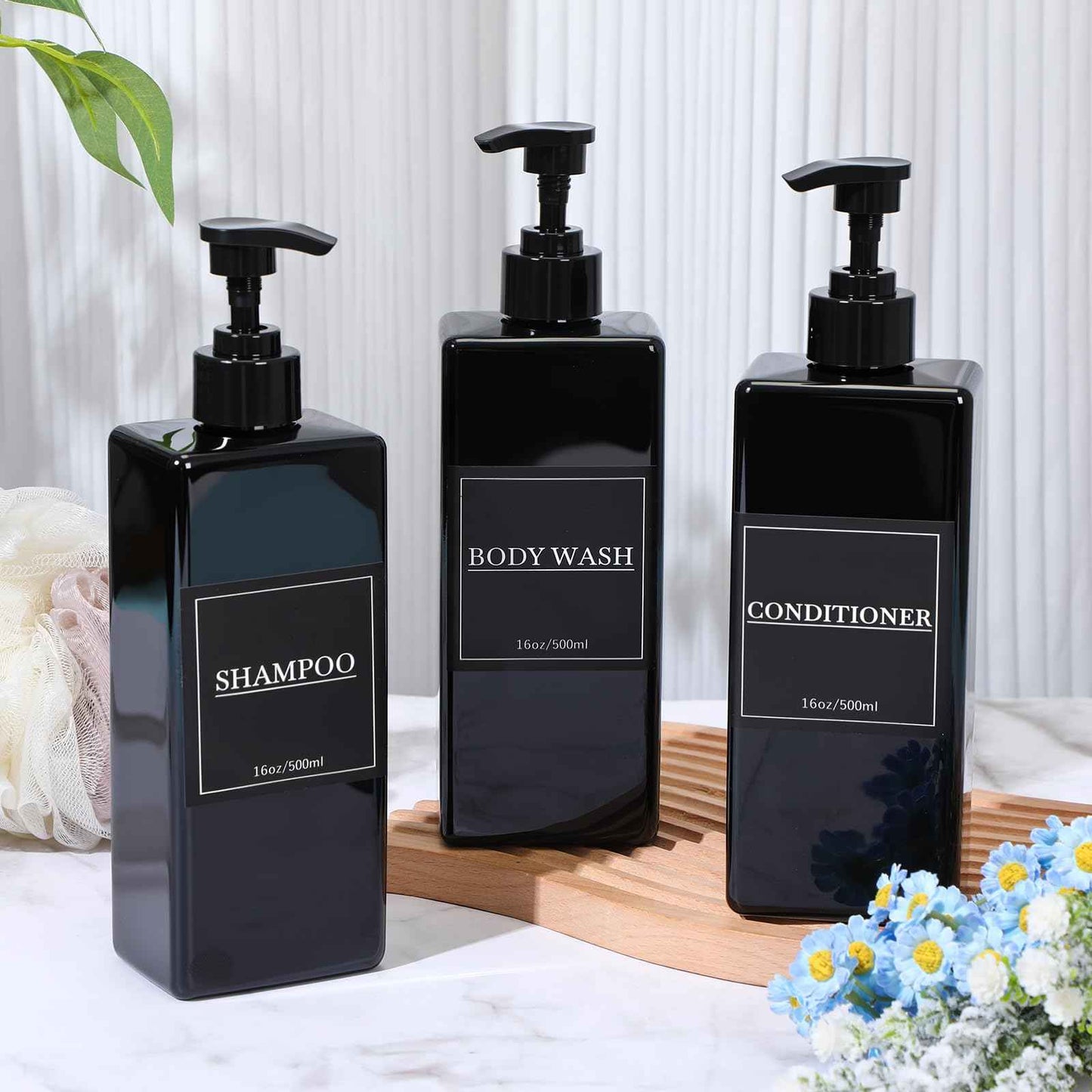 Tanlade 6 Pcs Shampoo and Conditioner Dispenser Bottles 16oz Modern Shower Soap Bottles with Pump, Labels and Marker Pen Easy to Refill Body Wash Dispensers for Home Bathroom Decoration (Black)