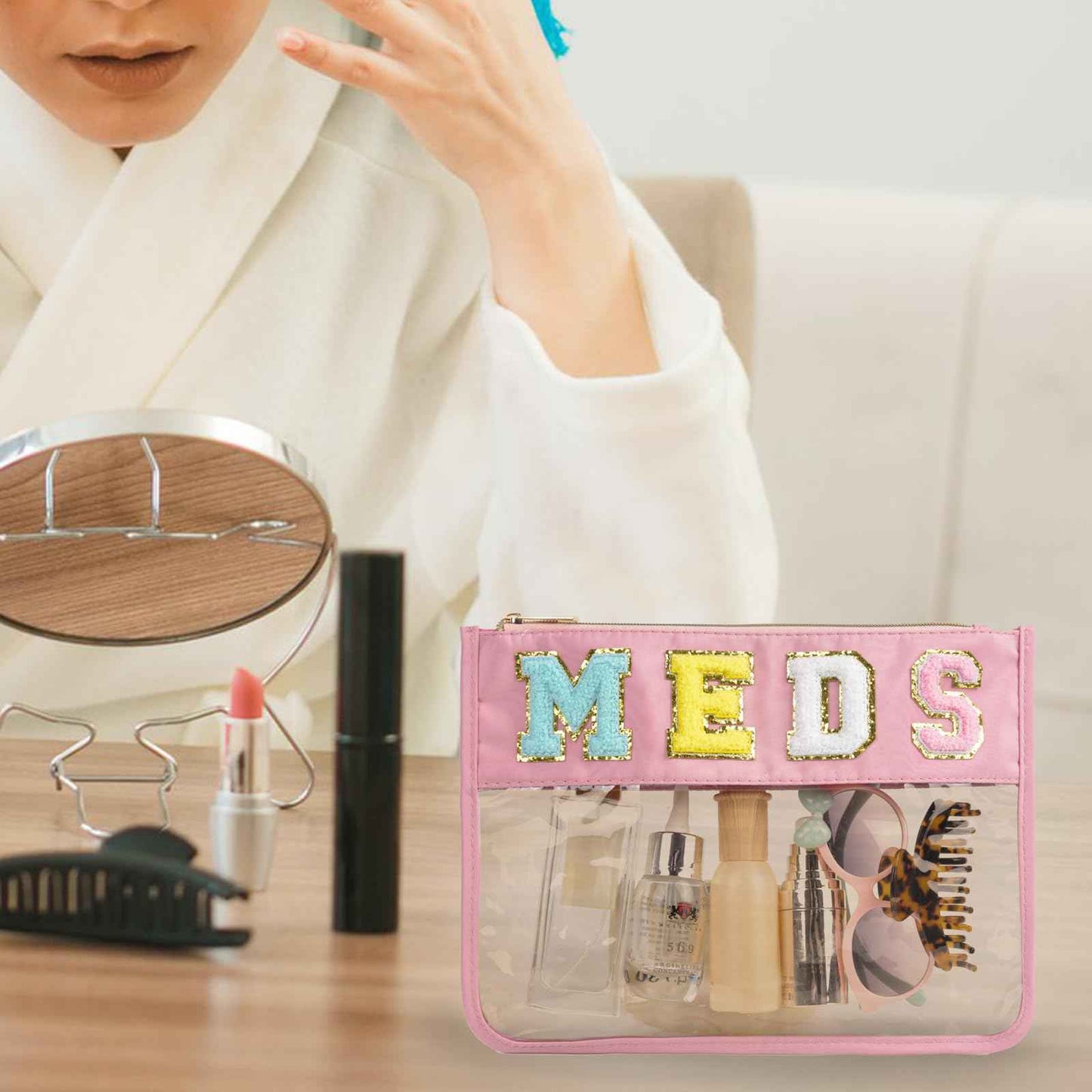 Chenille Snack Bags Letter Clear Snacks Pouch, Preppy Medicine Bag for Travel, Waterproof MEDS Makeup Cosmetic Bag Monogram Nylon and PVC Flat Stadium Purse with Zipper for Women/Girl (Pink MEDS)
