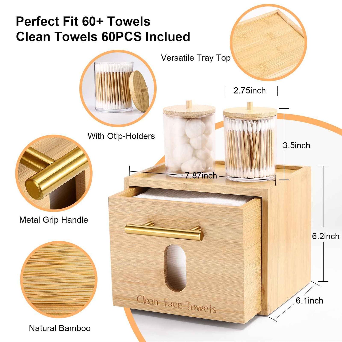 Disposable Face Towel Holder Bamboo Storage Box with 60 XL Towels, Cotton Balls Holders, Facial Towels Container Box with Drawer, Towel XL Organizer for Bathroom, Makeup Remover Dry Wipes Washcloths