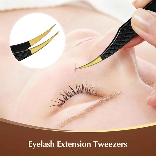 2 Pack Eyelash Extension Tweezers, Professional Pointed & Slanted Tweezers for Eyelash Lifting, Lash Extension Application, False Eyelashes, Made of Premium Surgical Stainless Steel (Black)