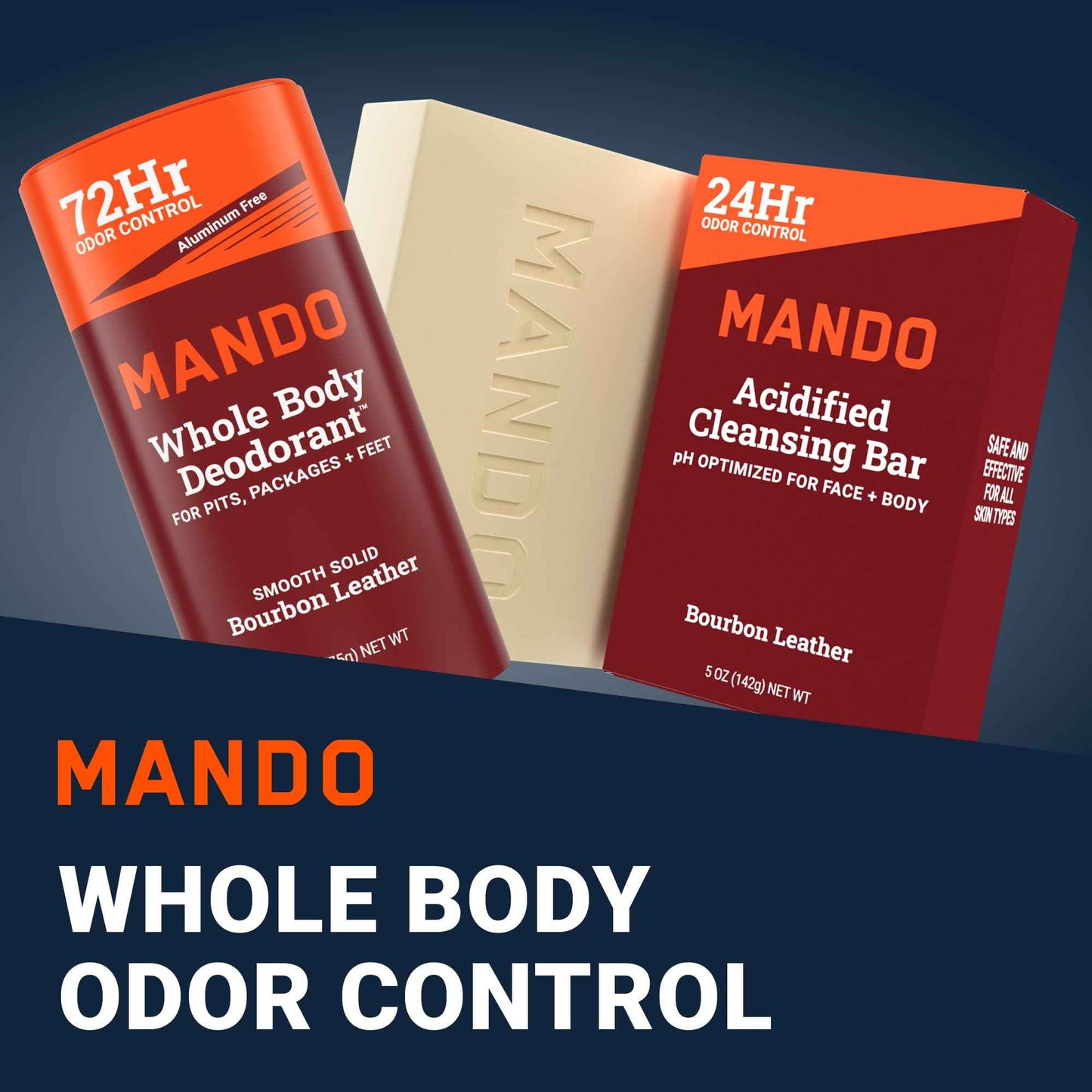 Mando Whole Body Deodorant 2 Piece System - 2.6oz Smooth Solid Stick & 5.0oz 4in1 Acidified Cleansing Bar - Aluminum & Baking Soda Free Odor Control - Doctor Developed - 2 pc Bundle (Bourbon Leather)