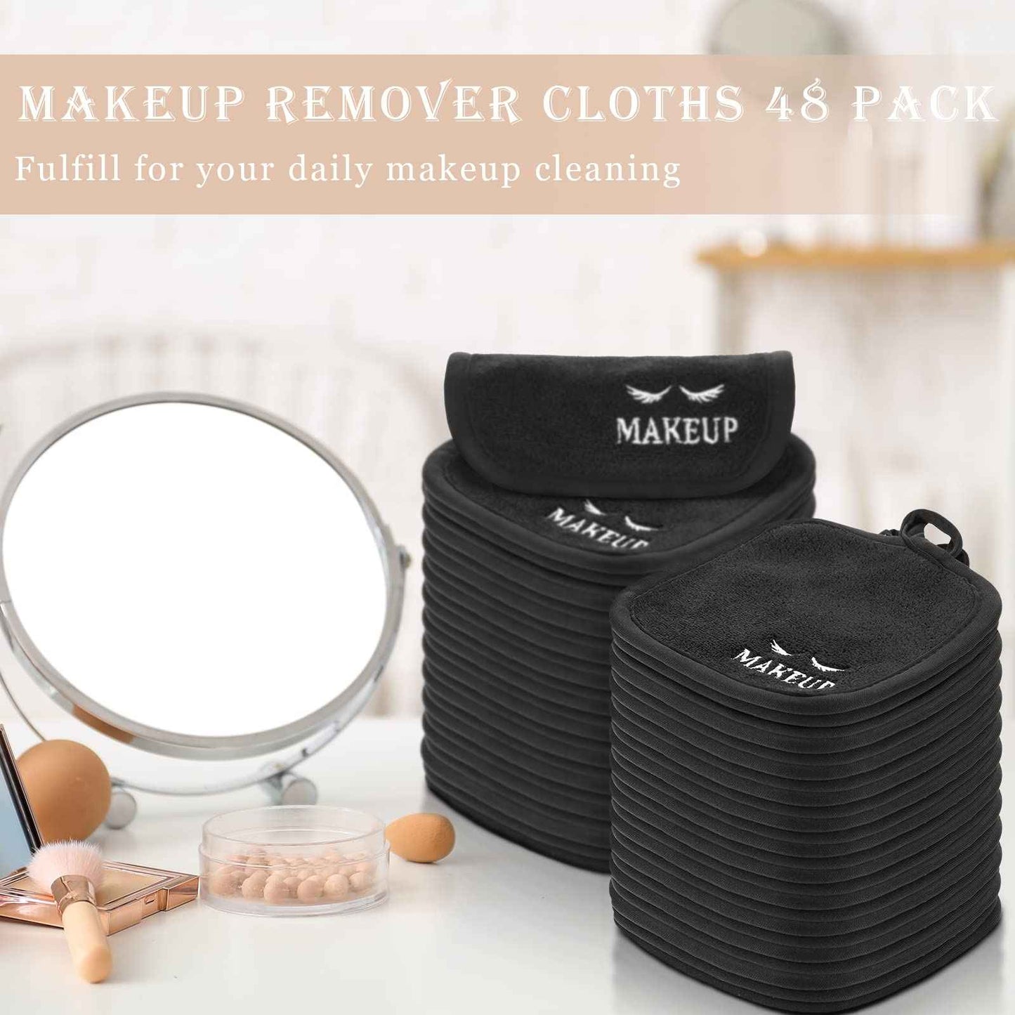 Queekay 48 Pcs Makeup Remover Cloths Reusable Washable Remover Pads Soft Microfiber Washcloths Facial Cloths Makeup Towels Holiday Gift for Women, 5 x 5 Inch(Black)