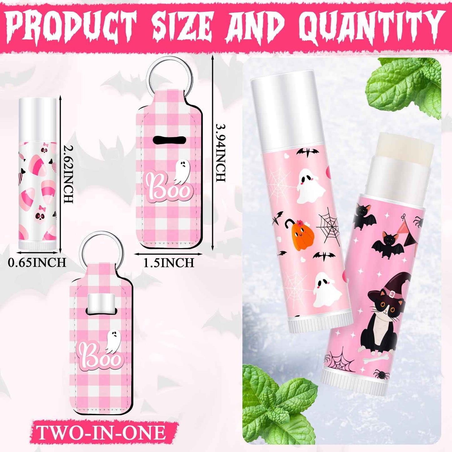 Swiffen 36 Pcs Halloween Lip Balms Gifts Bulk Halloween Party Favors Lip Balm Holder Keychain Spooky Ghost Skull Bat Lipstick Moisturizers for Adults Treat Bags Stuffers Party Supplies(Pink Style)