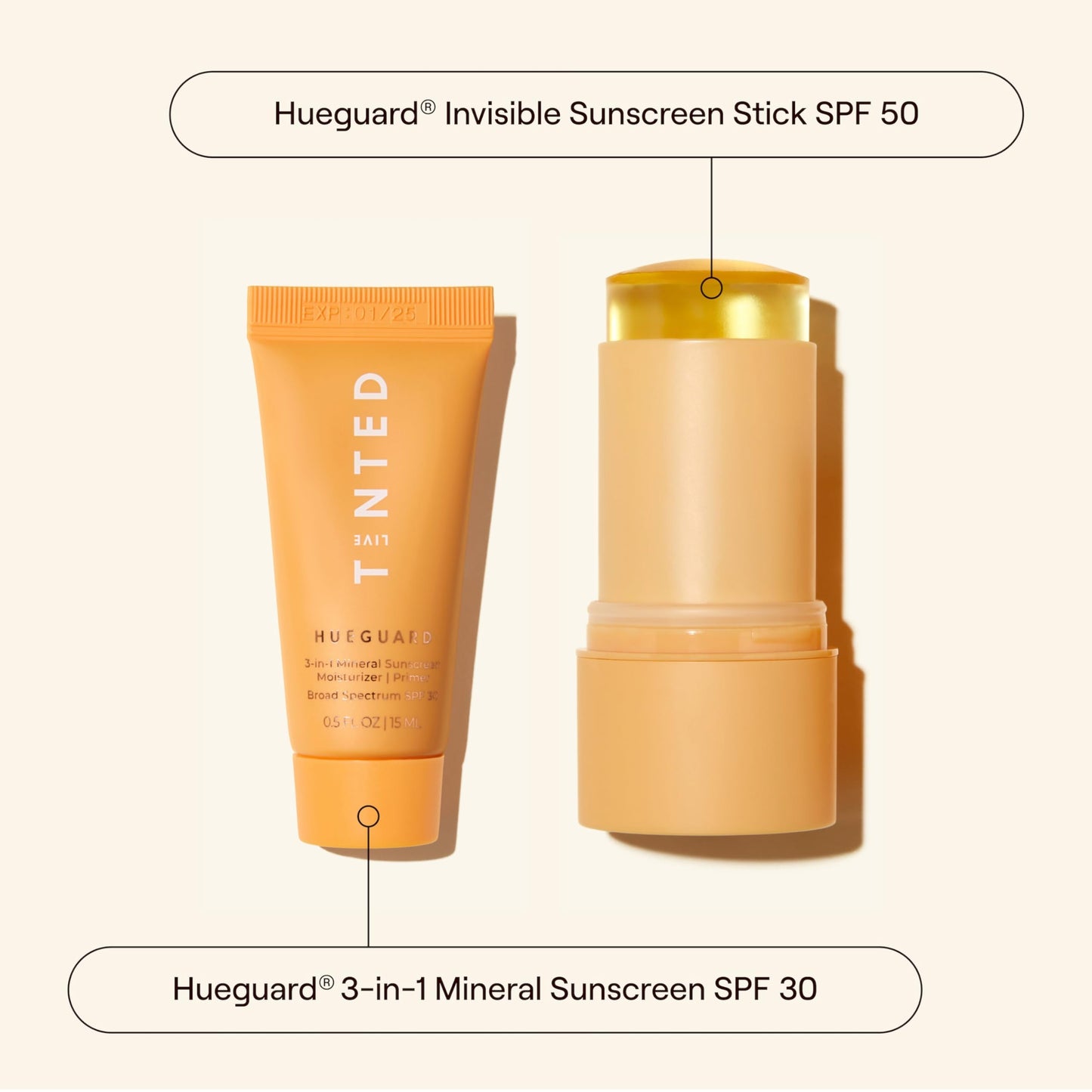Live Tinted Hueguard: 3-in-1 Mineral Sunscreen, Moisturizer, & Primer for Face and Body SPF 30 & Hueguard Invisible Sunscreen Stick SPF 50