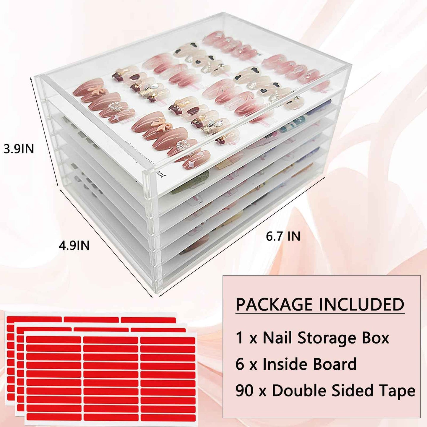 Press On Nail Organizer 6 Layer Acrylic Press On Nail Storage Box Large Nails Art Display Board for Fake Nails Storage Case Nail Display Salon Supplies with Tape