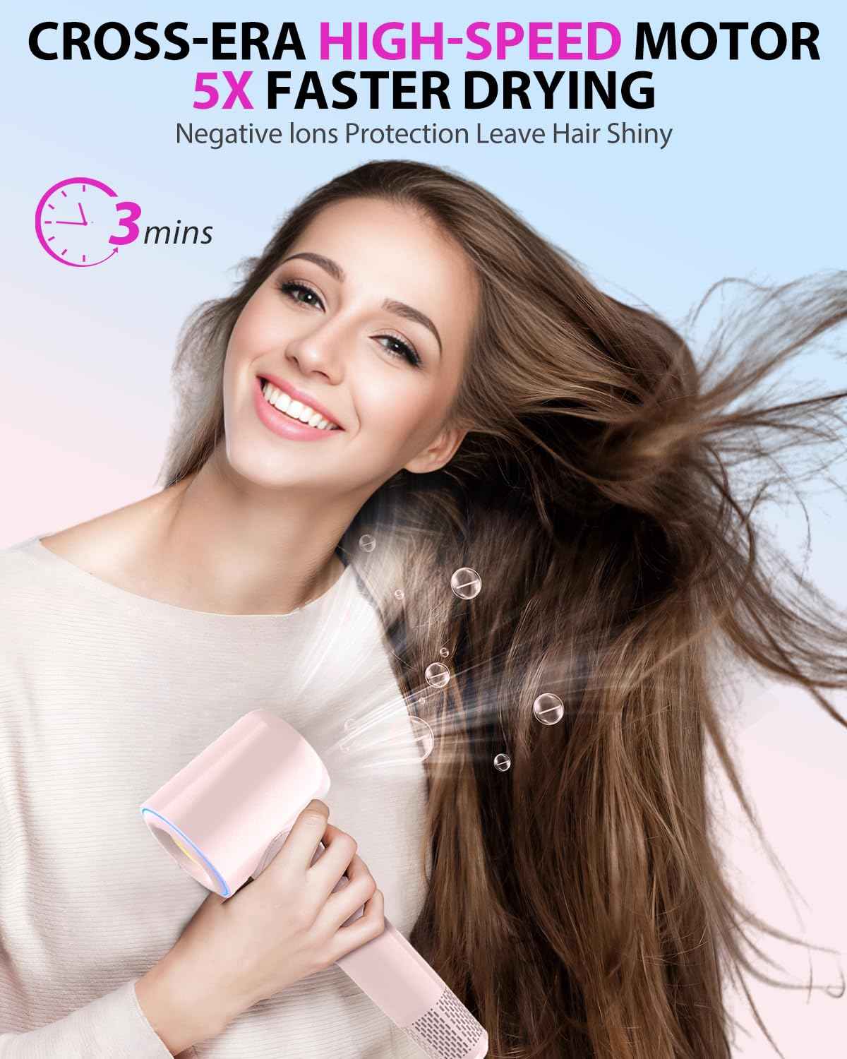 Professional High Speed Ionic Hair Dryer - 1 Min Fast Drying, 180000 RPM Blow Dryer 500 Million Negative Ions, No Heat Damage & Low Noise, Lightweight, Hairdryer with Magnetic Concentrator for Women