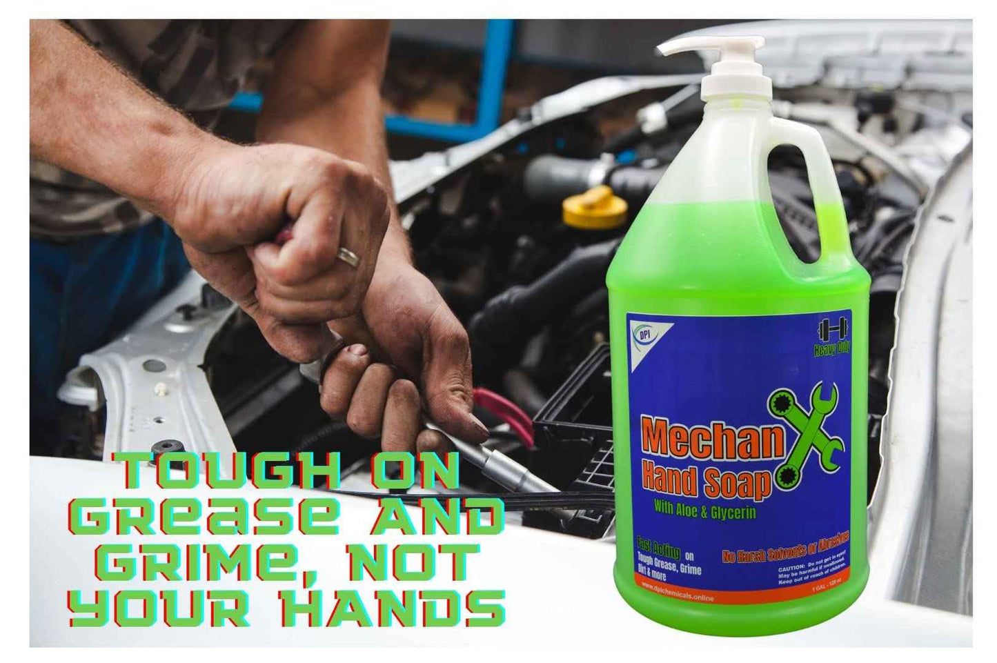 DPI MechanX Hand Soap, heavy duty, non abrasive, fast acting on grease, grime, and dirt. Gentle on hands, non drying or chapping for everyday use.. 1 Gallon with pump