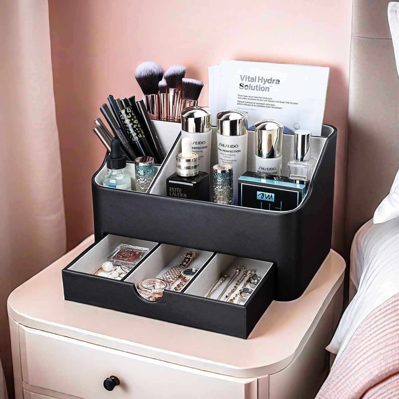 KINGFOM Leather Makeup Organizer with Drawer, Cosmetic Storage for Dresser Countertop and Bathroom Vanity, Beauty Holder for Lipstick Brush Skincare (Black)