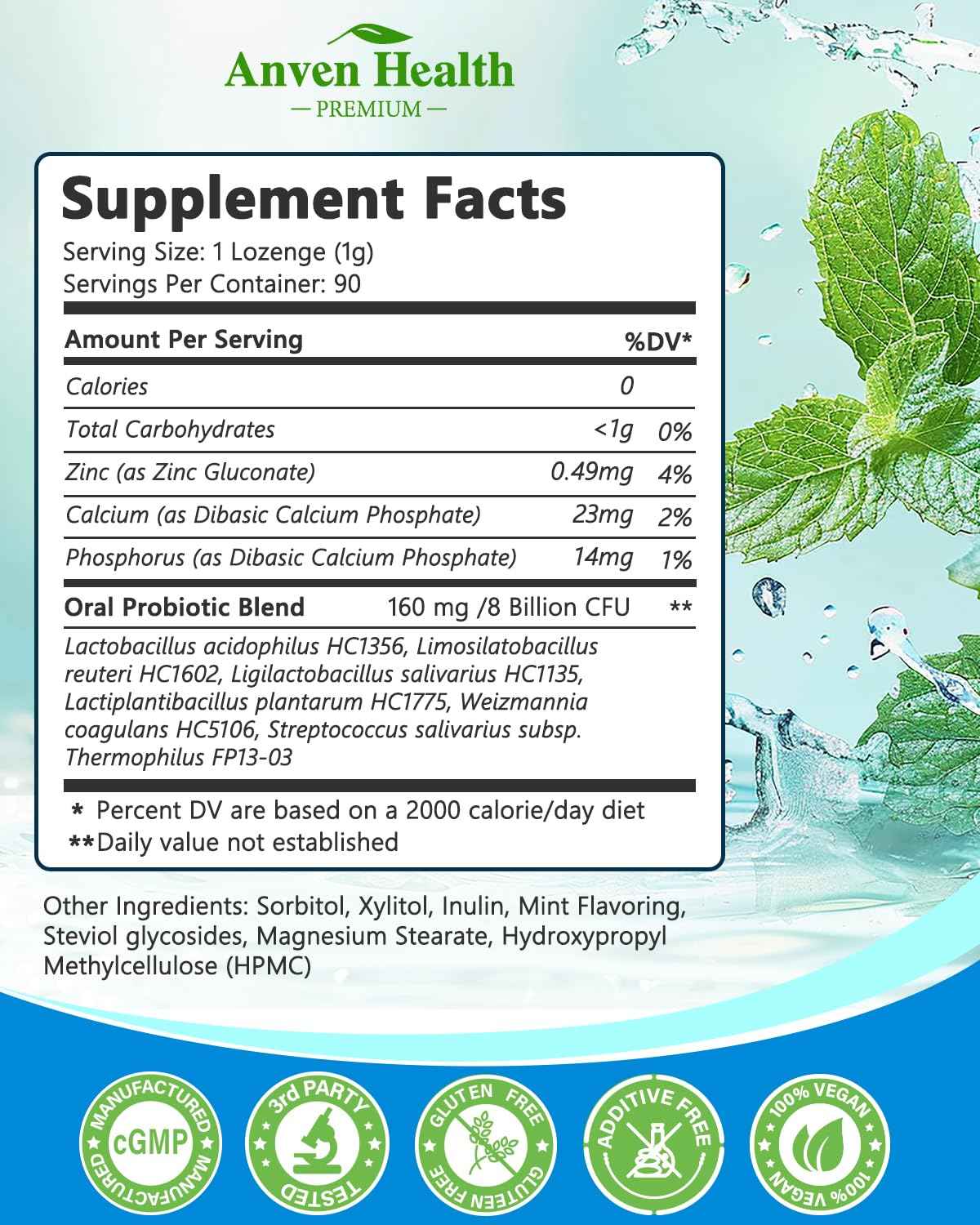 Anven Health Oral Probiotics Lozenges for Mouth Bad Breath & Gum Repair - 6 Strains with Prebiotic, Zinc & Ca for Dry Mouth Relief, Enamel Shield, Mint Flavor with Xylitol - 90 Lozenges, Sugar-free