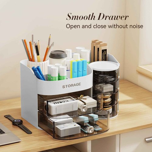 LAMU Makeup Organizer Countertop, Cosmetic Storage for Dresser Bathroom Countertop, Include 4-Tier Rotating Jewelry Box for Brushes, Skincare, Perfume, Jewelry Organizer, Ideal Christmas Gifts, White