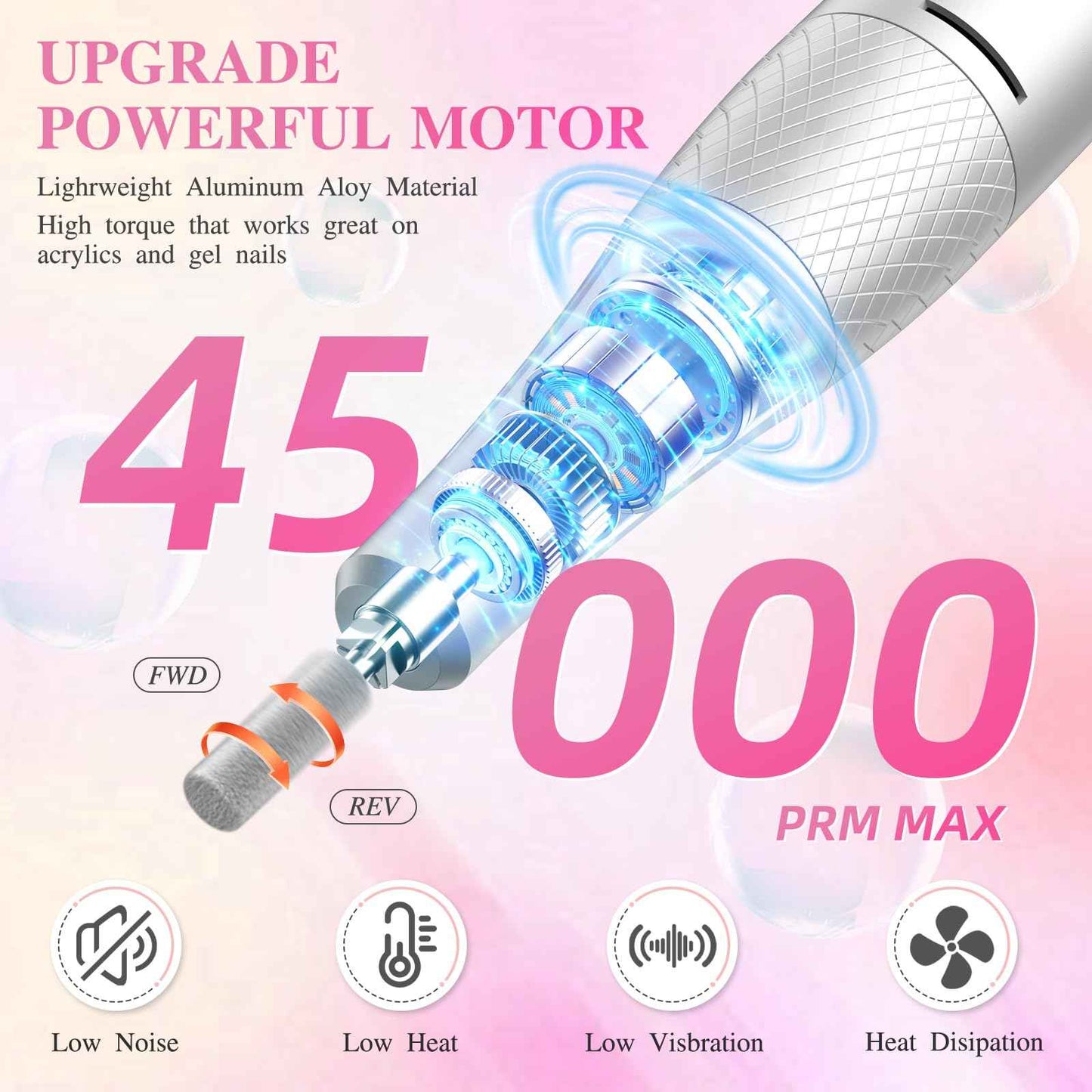 Professional Electric Nail Drill File,45000RPM Portable Machine E File with Bits & Base,Rechargeable Cordless Nail Drill Kit for Shaping,Removing & Polishing Acrylic Nails Gel for Salon Home (Pink)