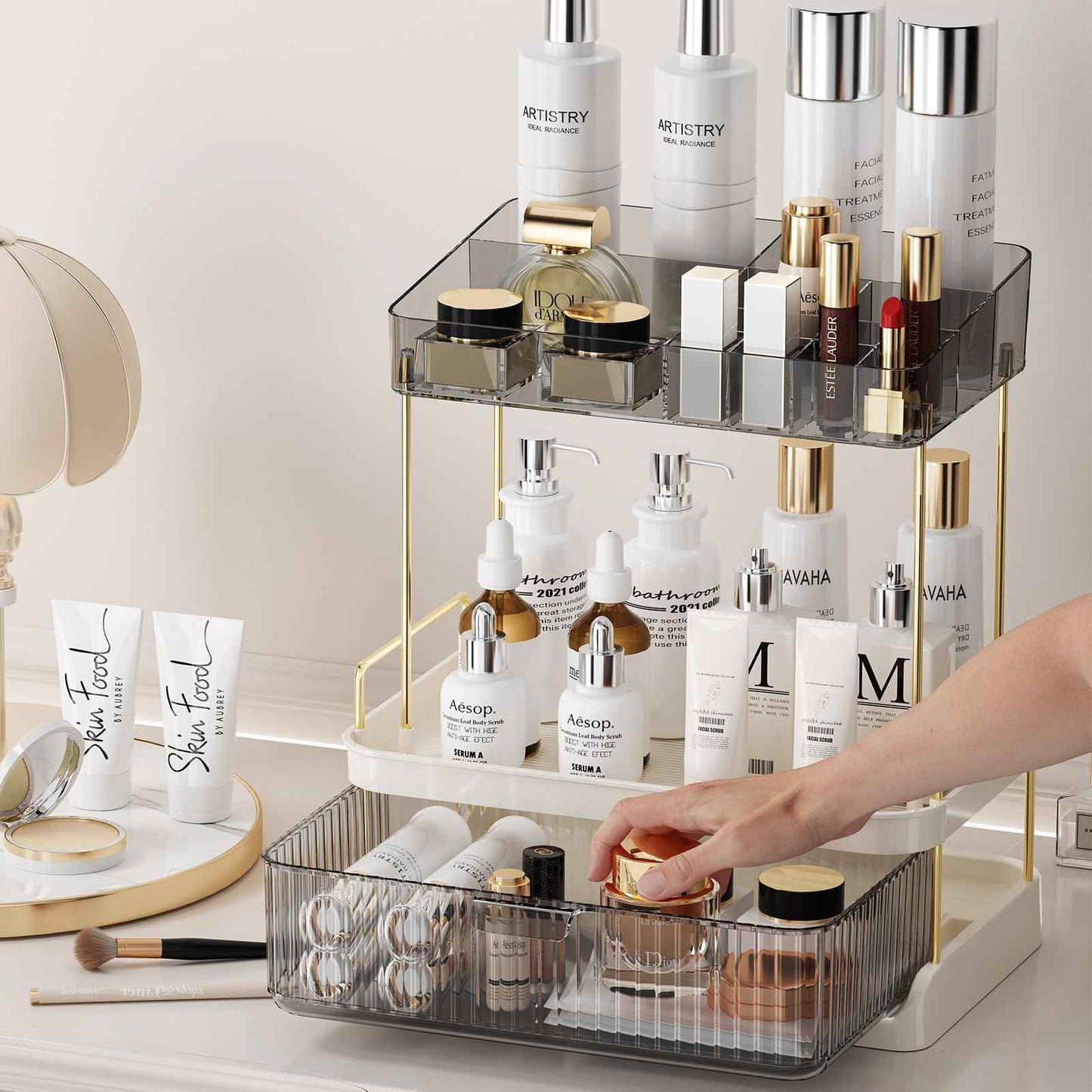 YCIA & DONE Bathroom Counter Organizer, Multi Makeup, Skincare, Perfume, Cosmetic, Vanity Countertop Organizer - Large Capacity, 2 Tier with Drawer - Easy to Install, Clean, Smoky Gray