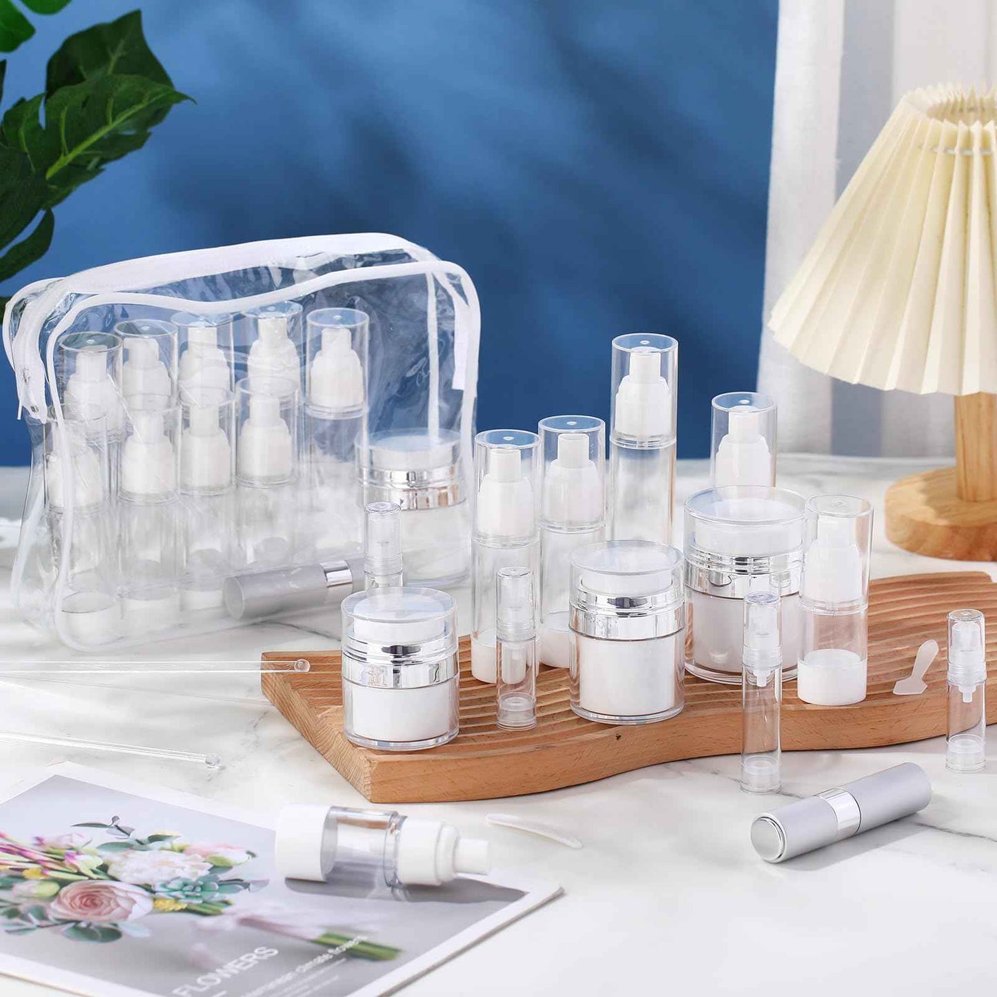 Meanplan 43 Pack Airless Pump Jars Set 1.7/1/0.7/0.5/0.34/0.17oz Clear Skincare Containers with Label Bag Refillable Makeup Skincare Travel Size Empty Bottles for Toiletries, Lotion, Liquid, Cream