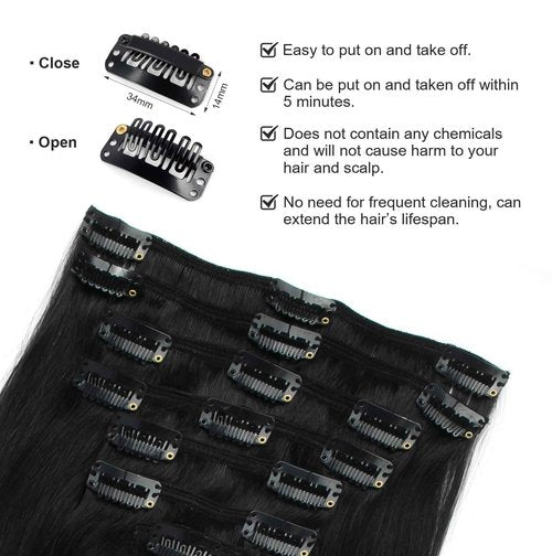 ABH AMAZINGBEAUTY HAIR Clip in Hair Extensions Real Human Hair Invisible Double Wefts 100% Real Remy Human Hair Clip in Extensions Silky Straight Jet Black 18 Clips 90G 16 Inch