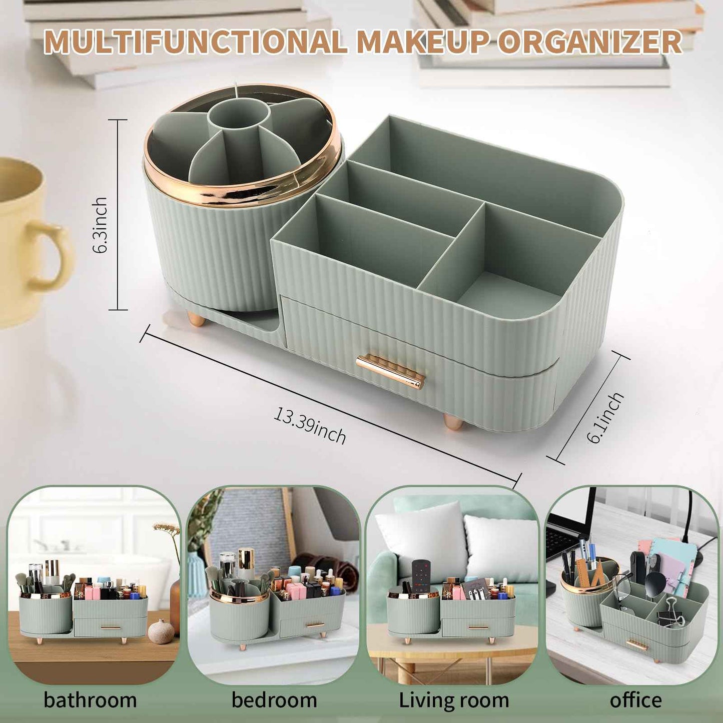 Beborxue 360° Rotating Makeup Organizer for Vanity with Drawers, Large Capacity Cosmetic Display Case, skincare organizer, Cosmetic Organizer for Lipstick, Skincare, Brushes, Eyeshadow, (Green)