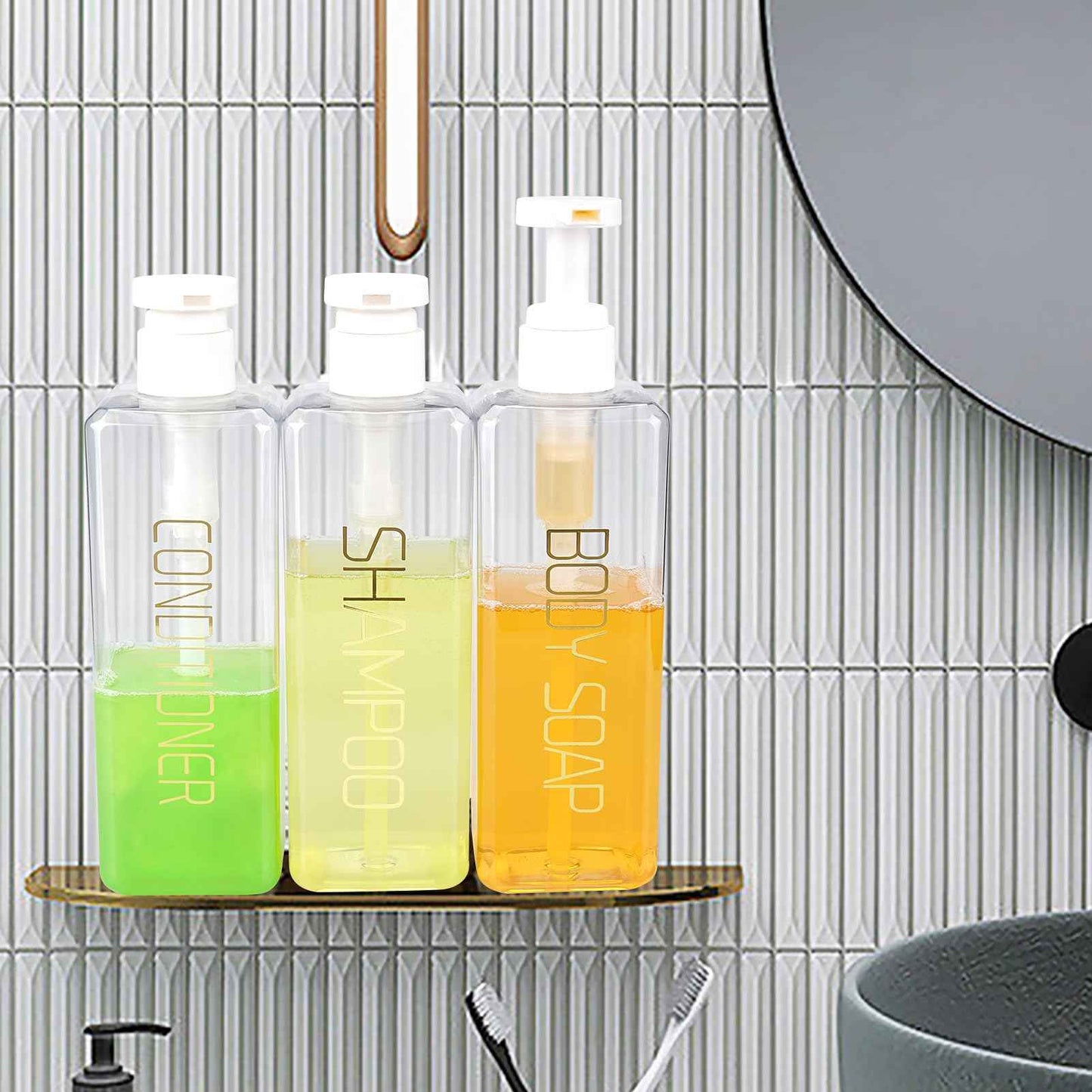 Shampoo and Conditioner Dispenser Shower Soap Bottles 3 Pack 550ml/18.6oz Refillable Shampoo Pump Bottle Dispenser Plastic Empty Body Wash Dispensers with Stylish Permanent Labels for Bathroom (Clear)