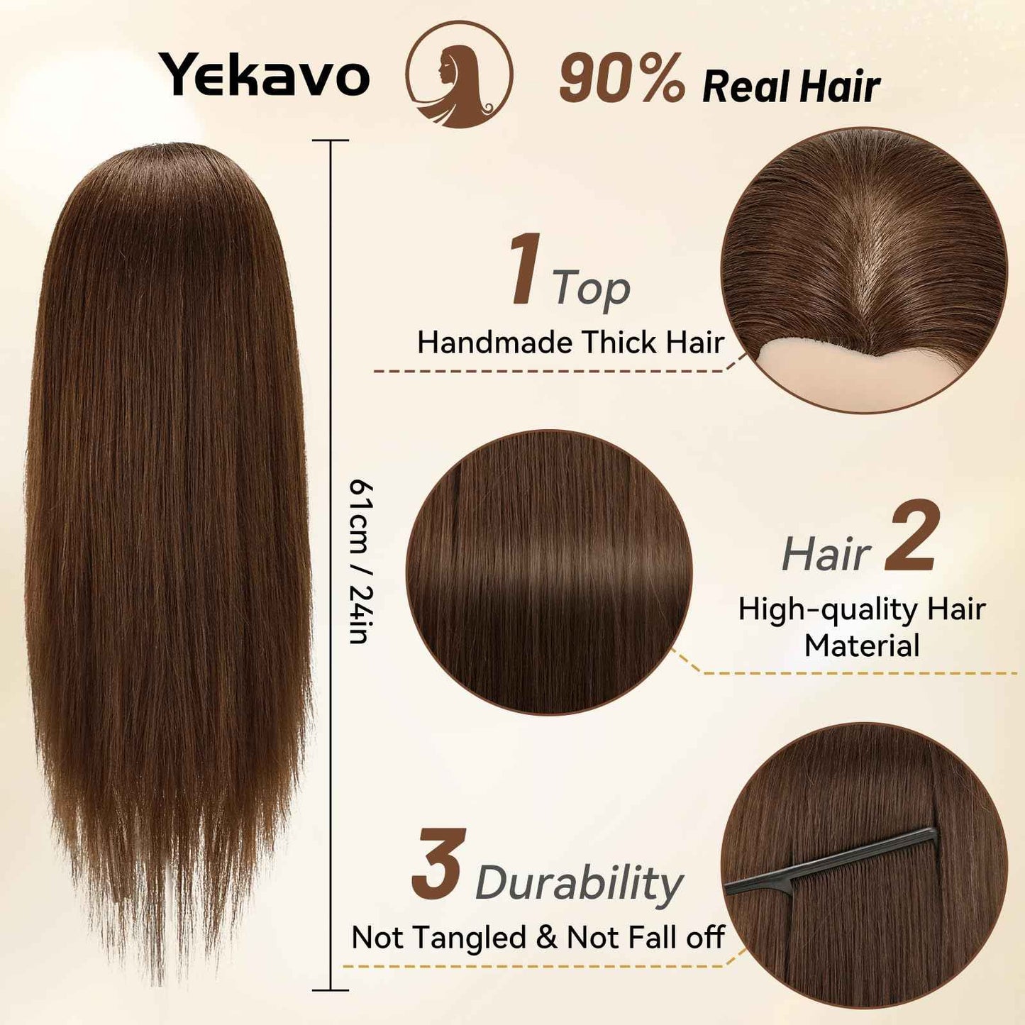 Yekavo Mannequin Head with 90% Human Hair, 24" Female Real Hair Cosmetology Mannequin Head Hair Styling Manikin Head Doll Head for Hairdresser Practice Training with Clamp Holder and Tools (Brown)