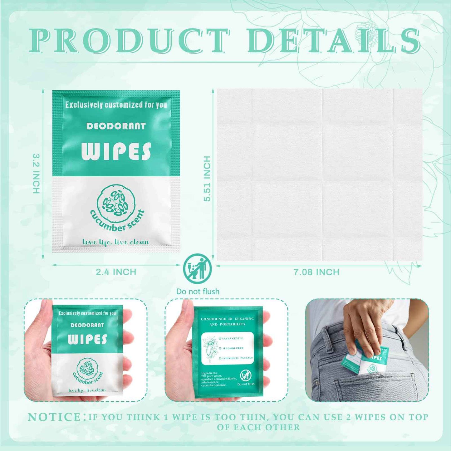 Timgle 200 Count Deodorant Wipes Bulk Individually Wrapped Travel Size Wipes for Men Women Body Underarm Deodorant Remove Sweat Sports Travel Clean Skin Daily Use Female Male(Green)