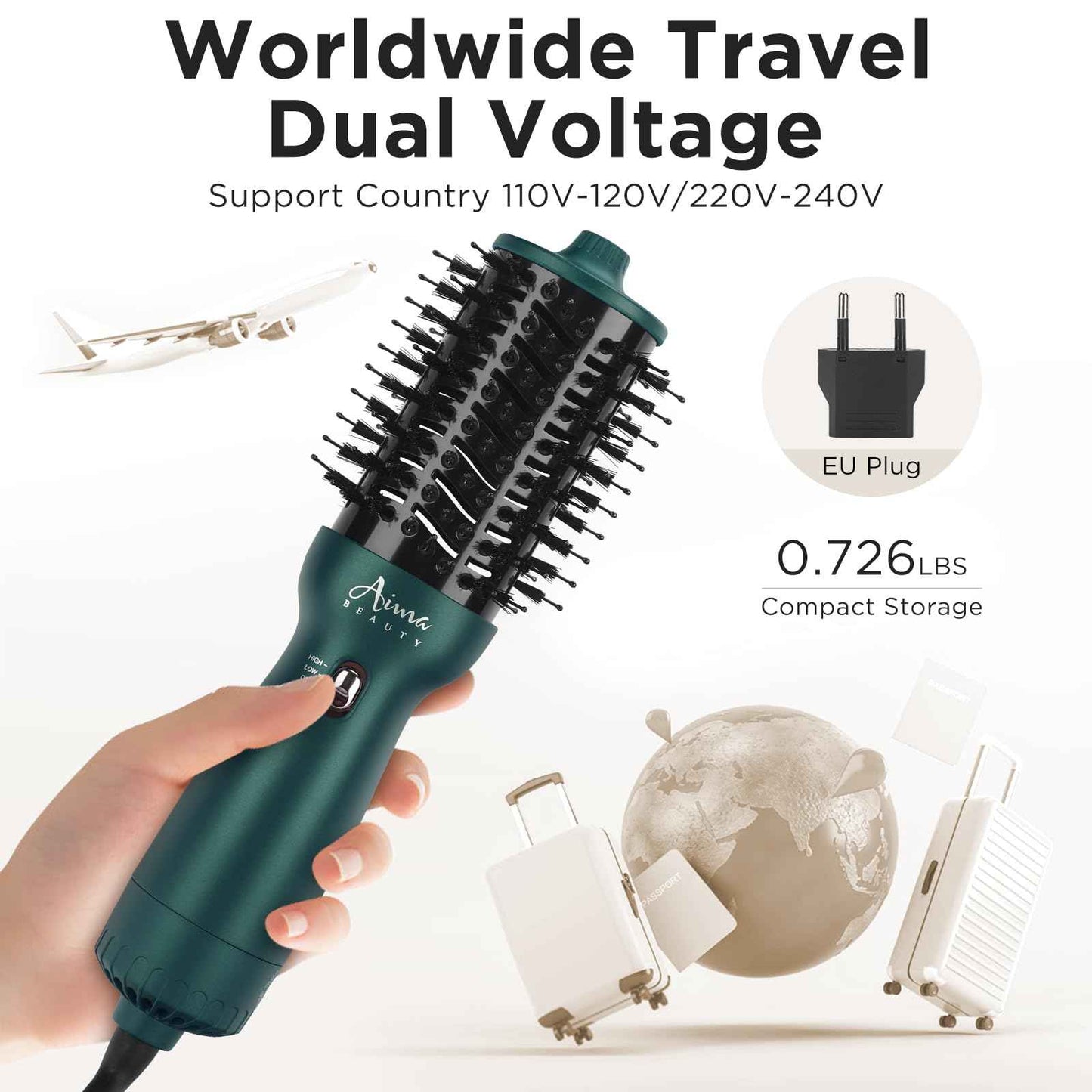 Aima Beauty Hair Dryer Brush Dual Voltage Worldwide Travel Blow Dryer Brush Hot Air Brush Oval Barrel 110-120V/220-240V 360°Airflow,Negative Ionic Frizz-Free Dry/Straightening/Voluming, Dark Green
