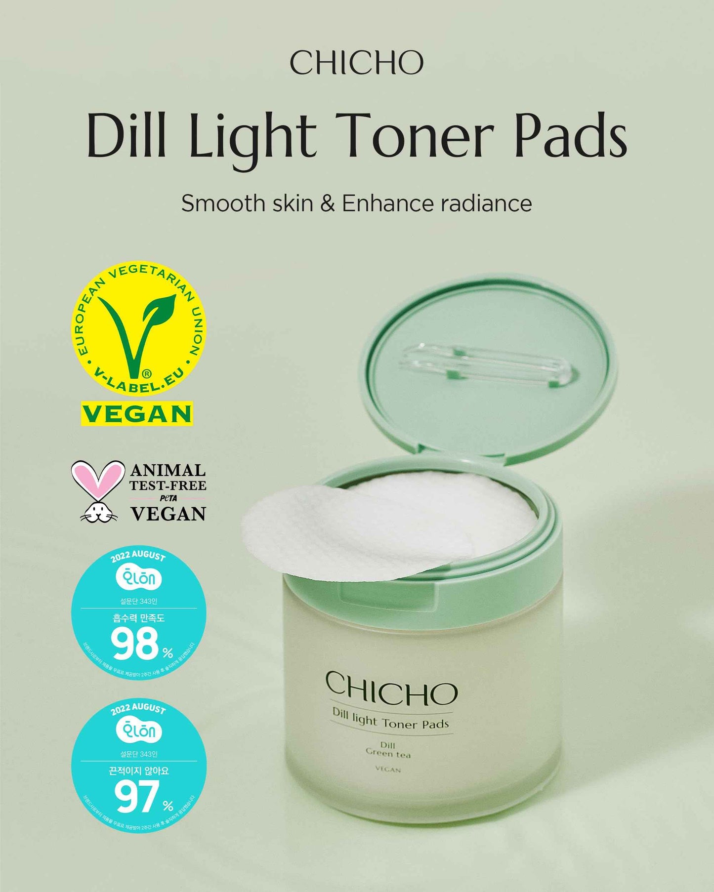CHICHO Dill Light Toner Pads 82.9% Dill Extract Green Tea Centella Korean Face Exfoliating and Moisturizing Pad Sensitive Skin Vegan OEKO-TEX Cotton - For Dull & Rough Skin, 80 Pads