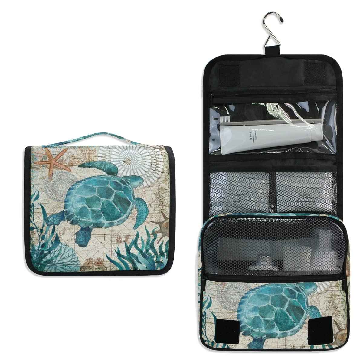 Hanging Travel Toiletry Bag Kit Makeup Case Cosmetics Organizer for Men Women (Sea Lives Turtle Coral)